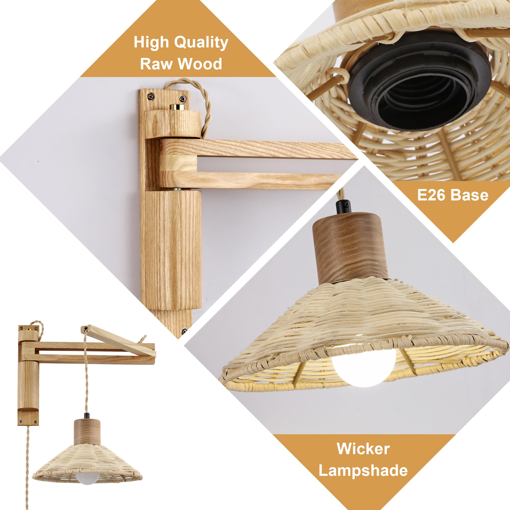 maesta Wood Plug Wall Sconce, Vintage Dimmable Swing Arm Lamp, Brown Bamboo, Model A027-3, Bulb Included