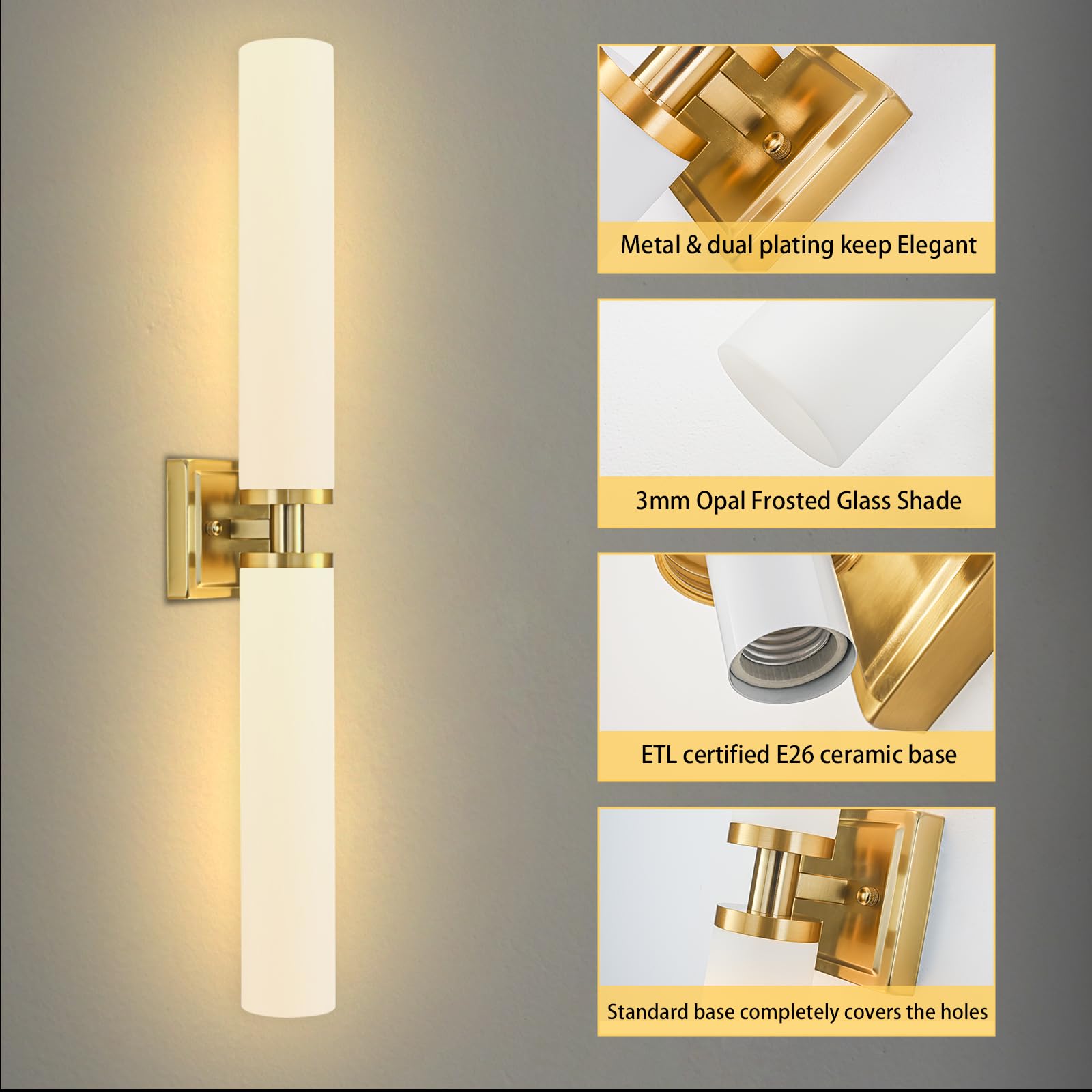 Gold Wall Sconces Set Of Two  Bathroom Sconces With Frosted Glass Shade  Modern Vanity Sconces Lighting Over Mirror  Wall Light Fixtures For Living Room Bedroom Hallway (Bulbs Not Included)