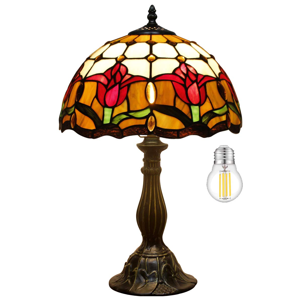 WERFACTORY Tiffany Table Lamp Stained Glass Tulip Design 12x12x18 Inches Red S030 Series for Bedroom Living Room Home Office