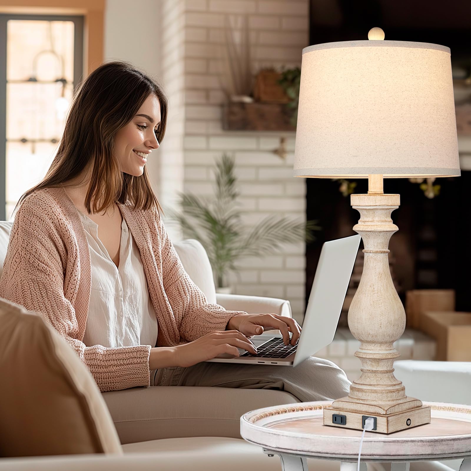 Cinkeda 27.5" Farmhouse Lamp - Vintage Beige Bedside Light with USB Charging, 3-Way Touch Control, Model TD-CK-206-1PK