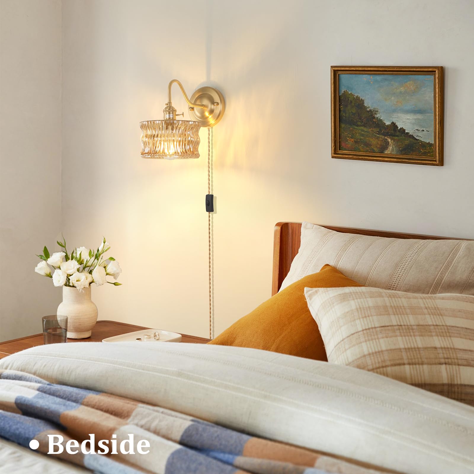 Shenmoyl Wall Sconce Set of 2, Gold Vintage Indoor Lamp, Amber Ripple Glass Shade, 2 Light Plug in, Model 1-93723-wlampp
