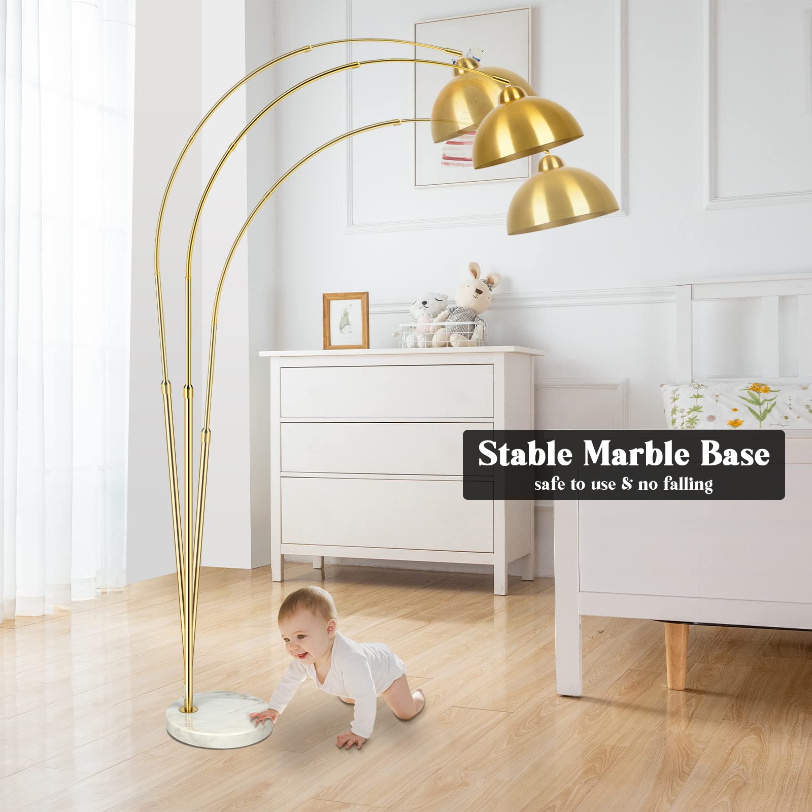 Gobright Contemporary Gold Arc Floor Lamp - Adjustable Dome Shade & Marble Base For Living Room