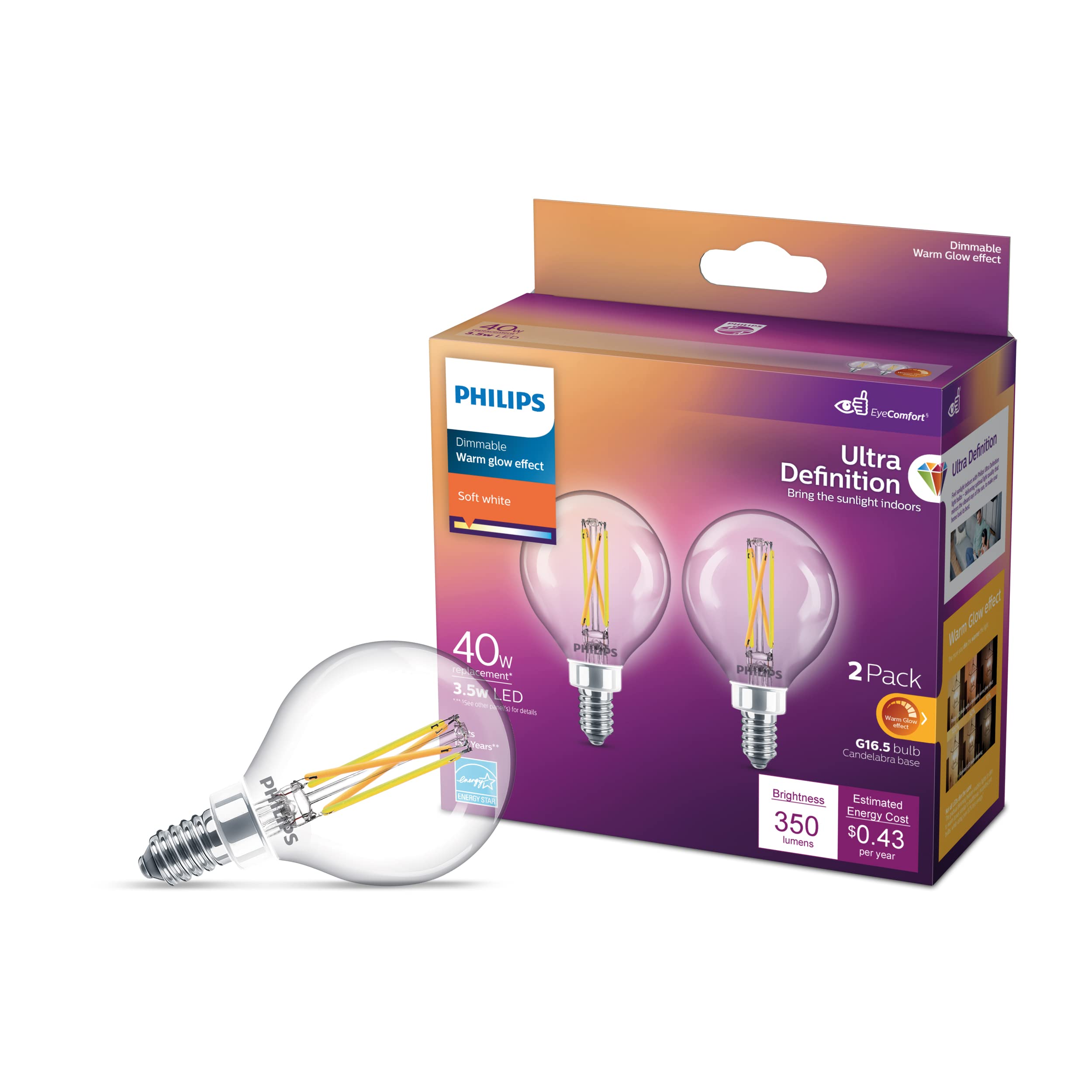 Philips LED G16.5 Glass Light Bulb, Dimmable, 350 Lumen, Soft White (2700K), 3.5W=40W, E12 Base,