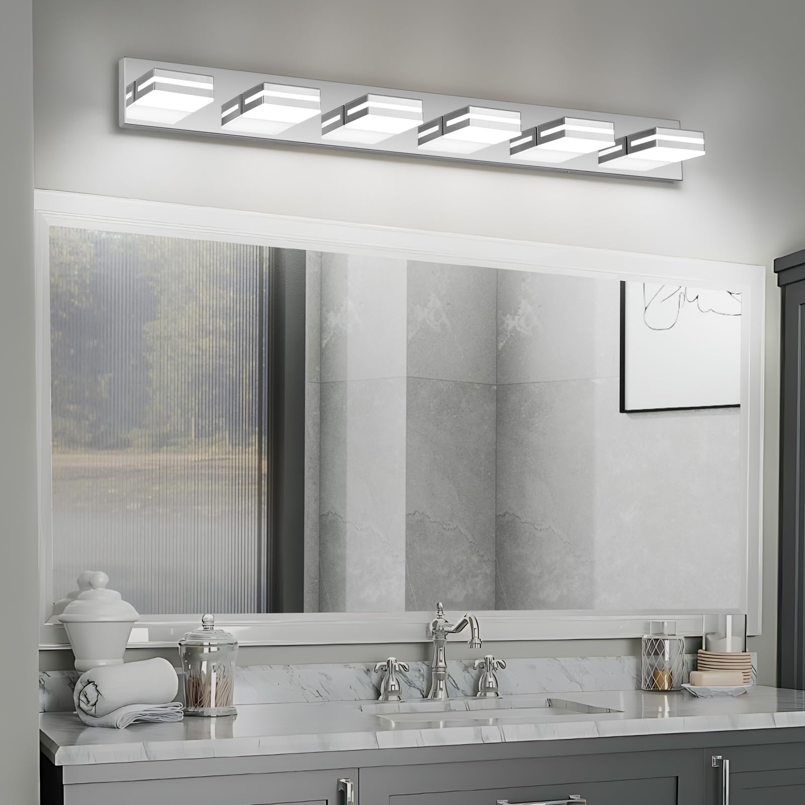 JZEKVN Modern LED Bathroom Light Fixture, 6-Light, 41.73in Chrome Acrylic Vanity Lighting, Model 202541008