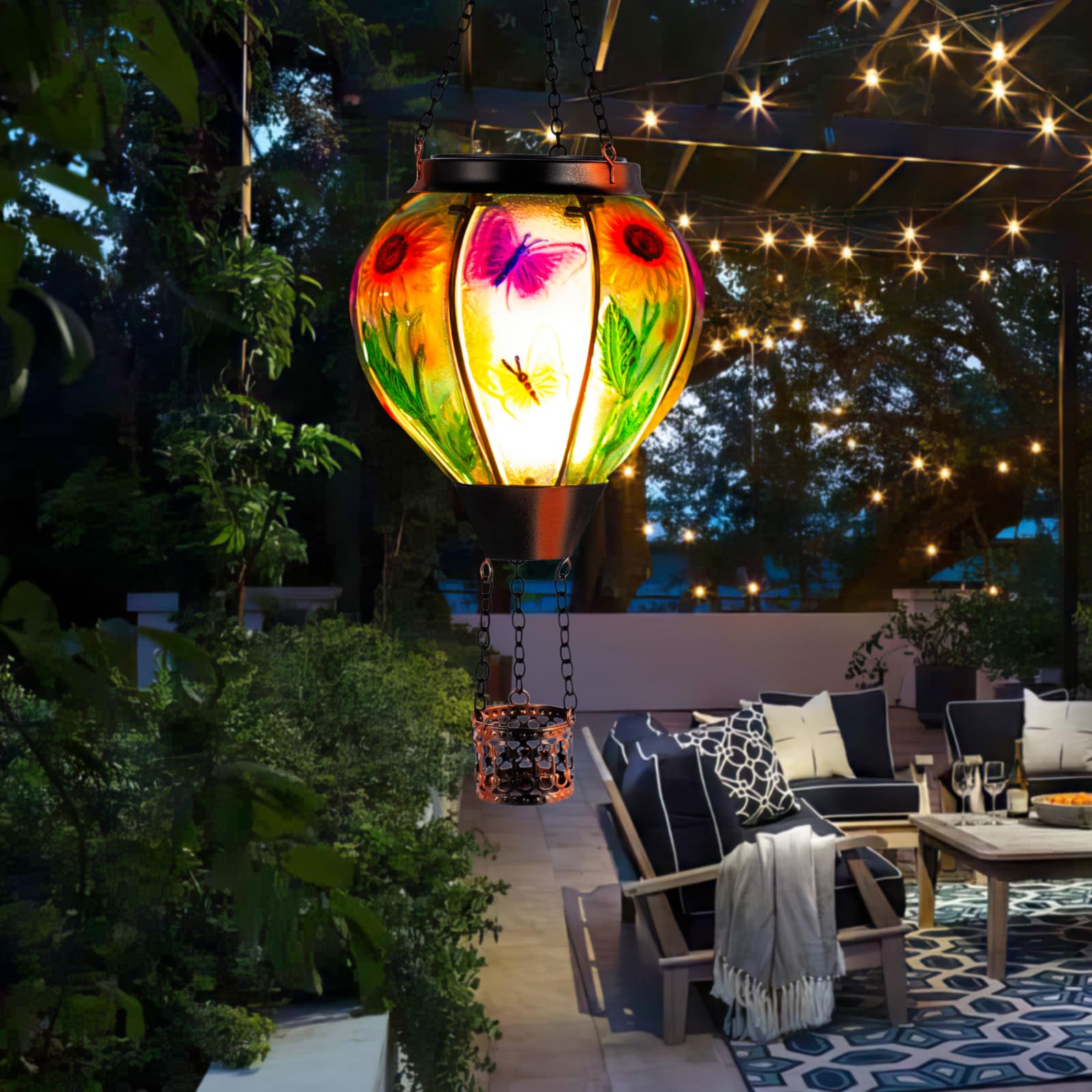 Sunnygarden Hot Air Balloon Solar Lantern, Butterfly Solar Powered Hot Air Balloon Lantern Outdoor Waterproof, Glass Hanging Hot Air Balloon Solar Light For Outdoor Patio Garden Decor