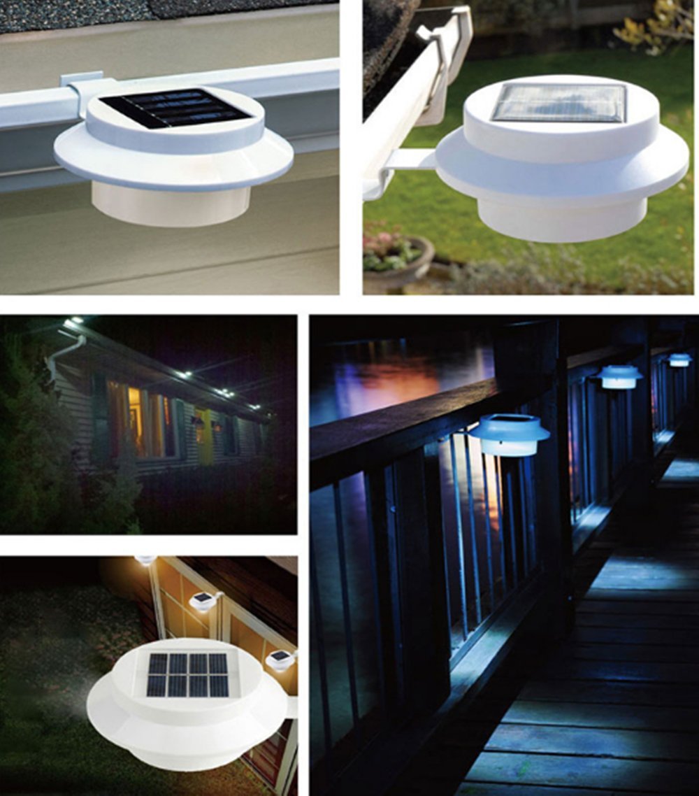 4 Pack White Solar Powered Gutter Lights Outdoor Decorative Waterproof Led Fence Lamp For Lighting Railing, Outside Wall, Deck,
