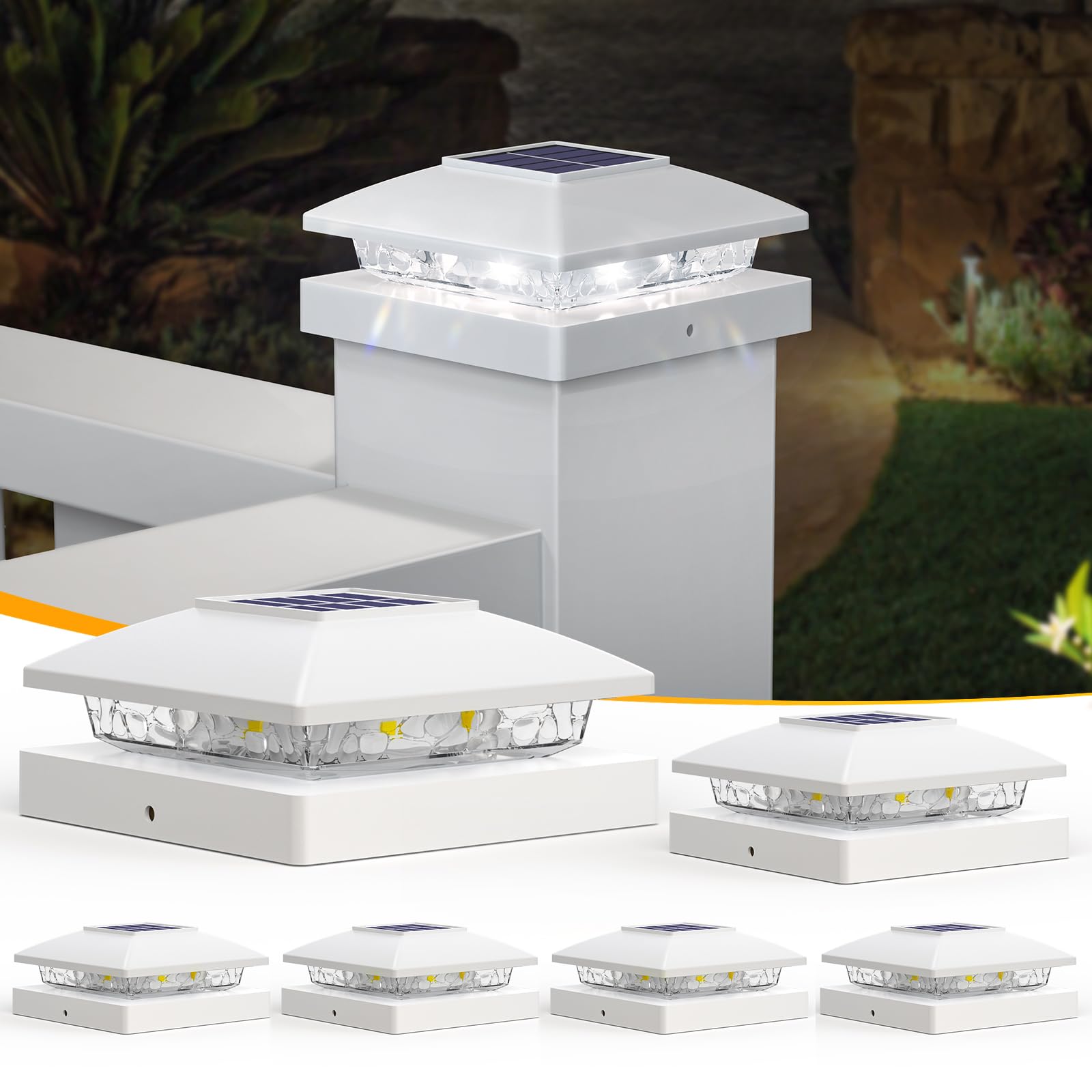 APONUO Solar Post Cap Lights for 4x4 Wood & Vinyl Posts  IP44 Waterproof Cool White LED 4x4 Post Solar Lights  Outdoor Garden Patio Yard Decor  6 Pack (White)