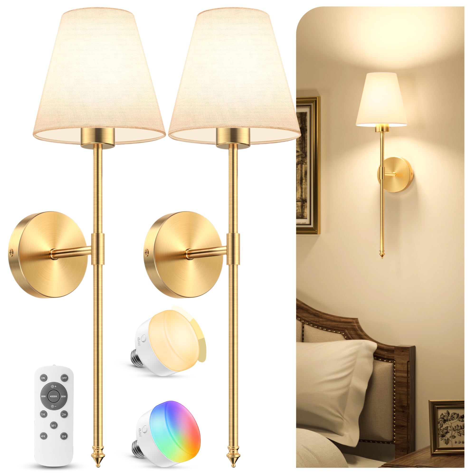 VOLISUN Battery Operated Wall Sconces Set of Two, Wireless, Remote, Dimmable, 23.6 inch, Gold, Model SW040