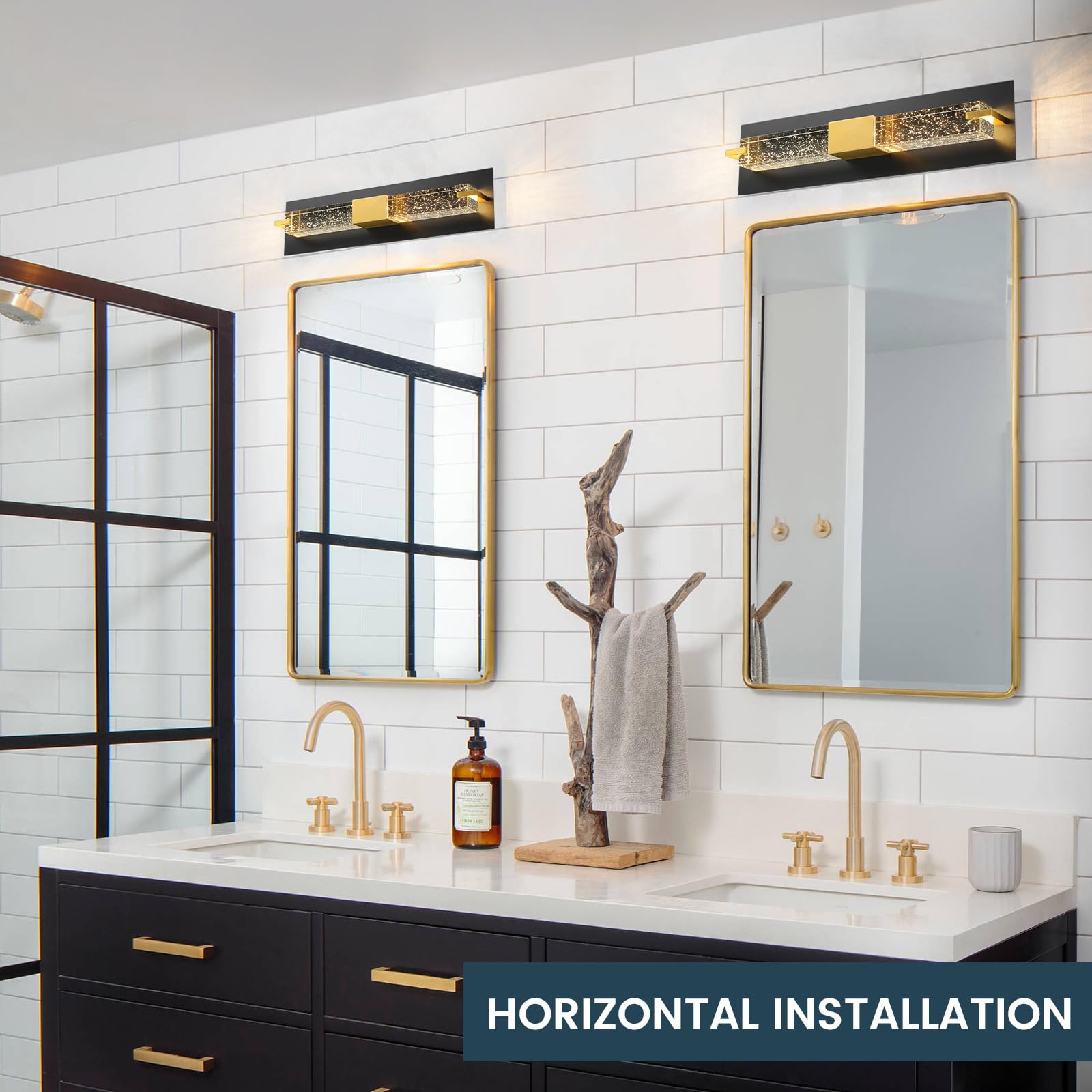 WOSHITU LED Wall Sconce Light: 19 Inch Black & Gold Modern Sconces Wall Lighting 3000K Dimmable Crystal Wall Lamps Indoor Bathro