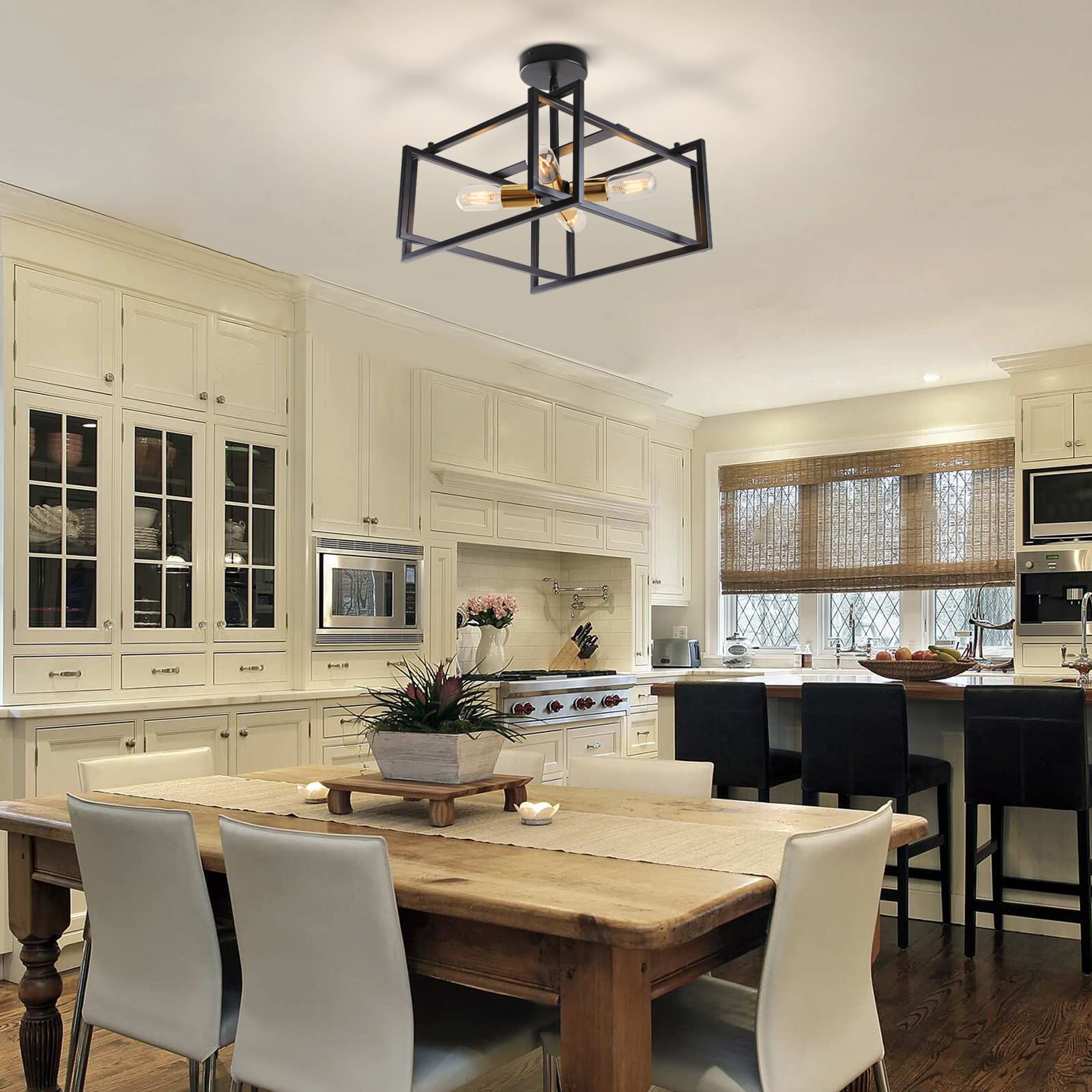 Huismier Industrial Semi Flush Mount Ceiling Light, 4-Light Farmhouse Ceiling Lights Fixture, Black And Gold Metal Close To Ceil