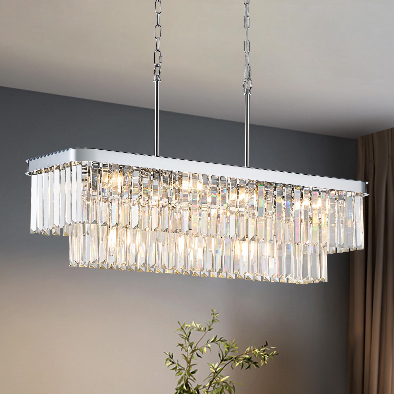 MERINEA Modern Chrome Rectangle Chandelier L33.5  Elegant K9 Crystal Ceiling Pendant Light Fixture 11 Lights Rectangular Long Chandelier for Kitchen Island Dining Room Living Room Bar