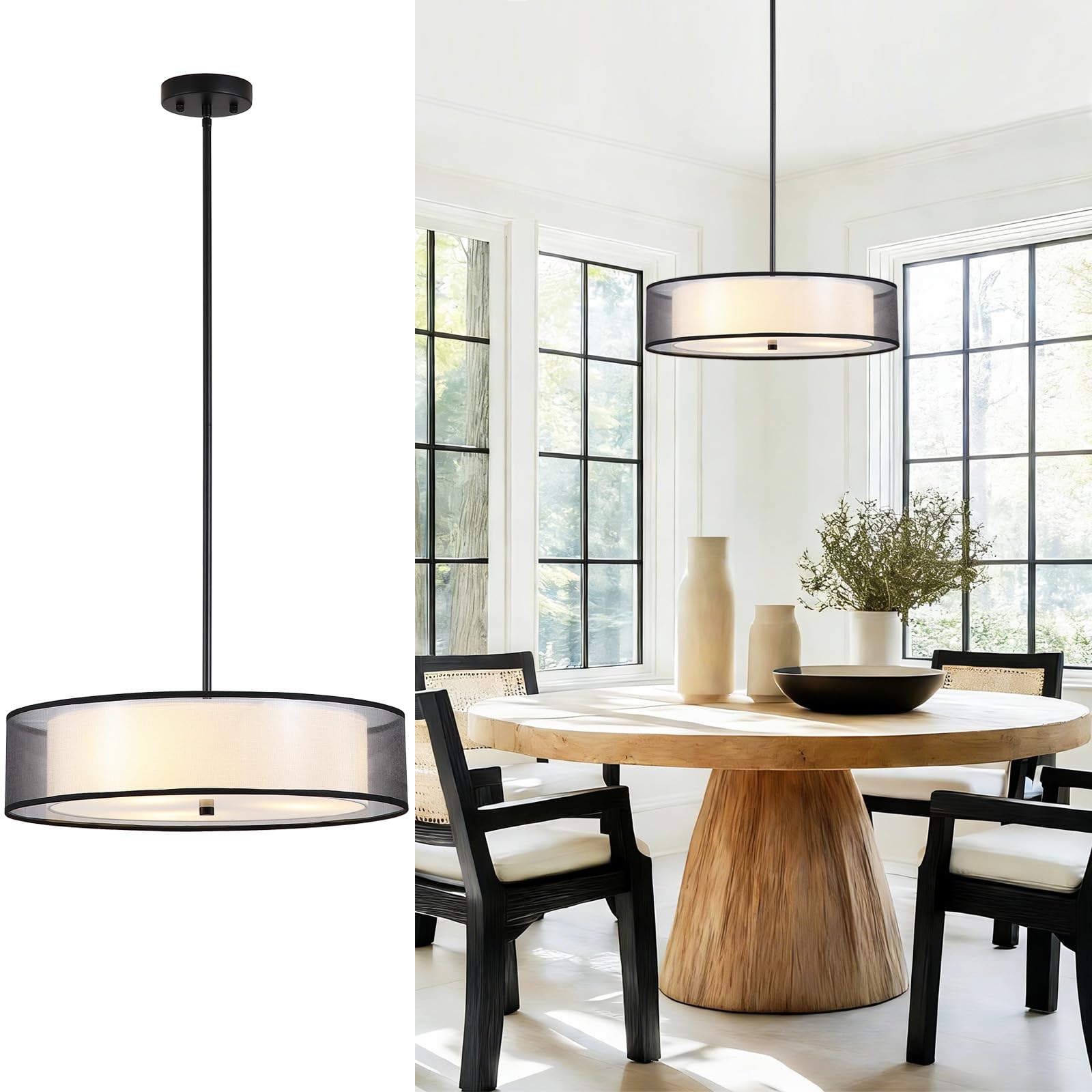 Wynterhaven 20 Inch 3-Light Black Drum Chandelier, Modern Pendant Light Fixture with Double Drum Fabric Shade Glass Diffuser, Ad