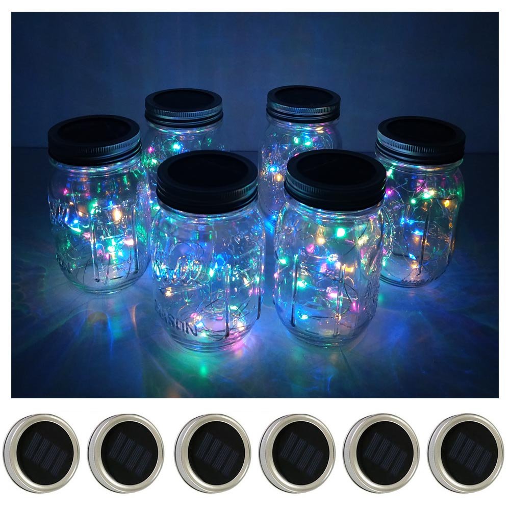 Decorman Solar Mason Jar Lid Lights, 10 LED Waterproof Fairy Lights, 6 Pack, Colorful, Model 43219-8197