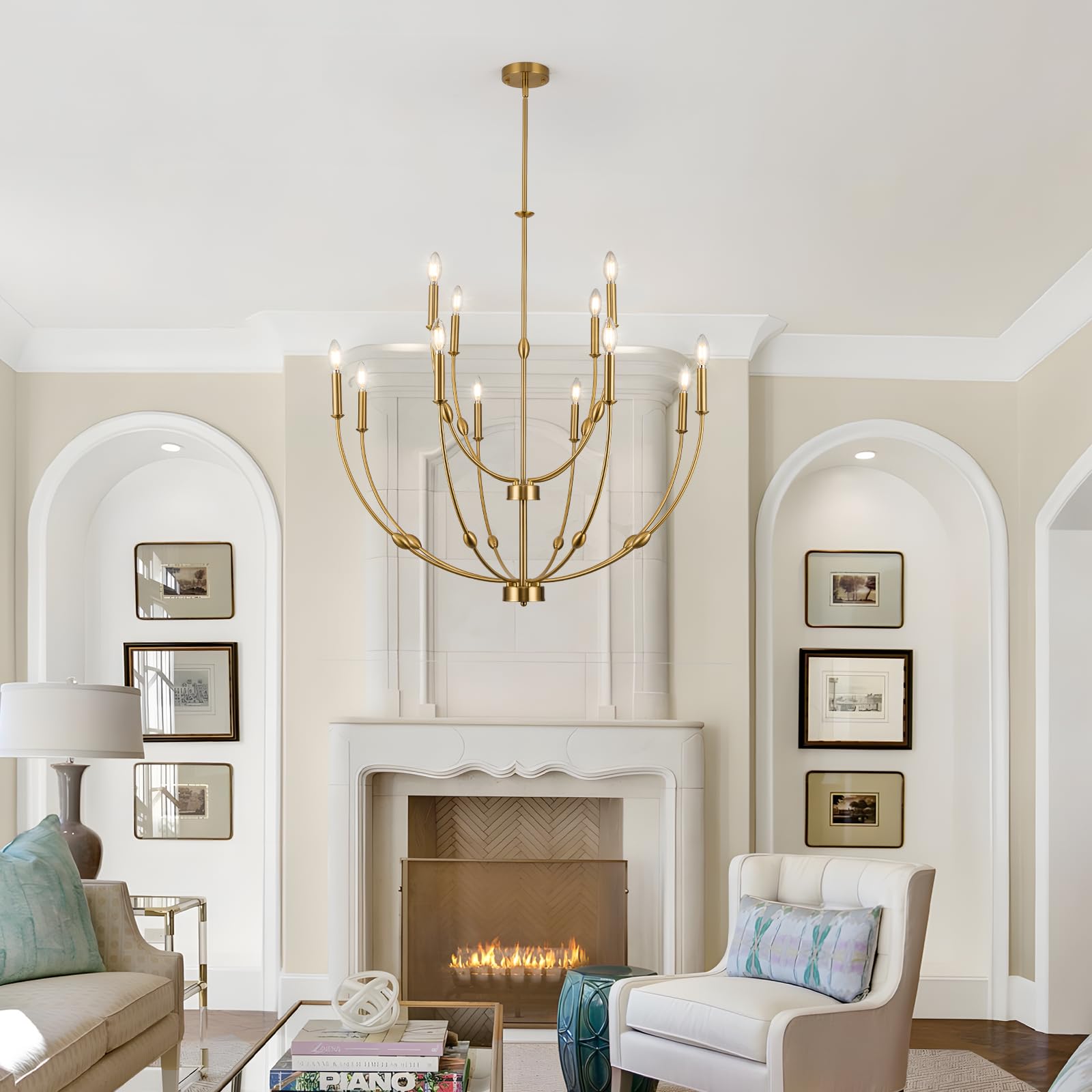 Acaner 12-Light Brushed Gold Large Chandeliers For High Ceilings, 35 Inch Candle Style Rustic Pendant Light Fixture For Entryway