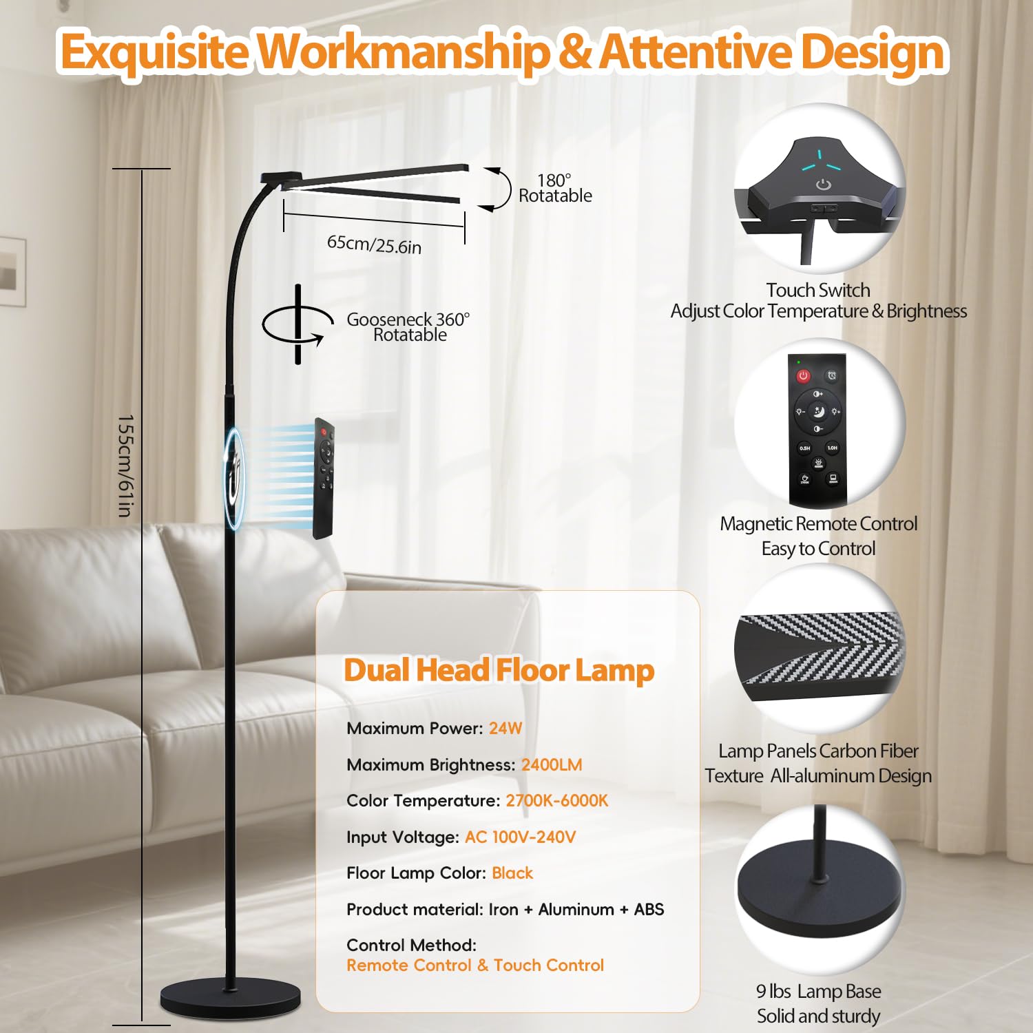 Starmoitic Dual Head Led Floor Lamp For Office 24W/2400Lm Floor Reading Lamp Standing, Task Lamp With Remote, Goose Neck Lash Li