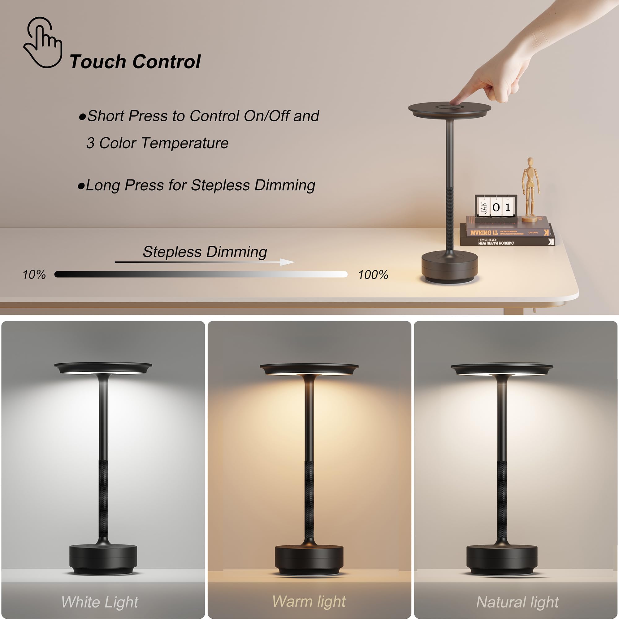 TBBGA Cordless Table Lamp, 5000mAh Rechargeable, 3 Color Dimming LED, Aluminum, Black, Model Q006