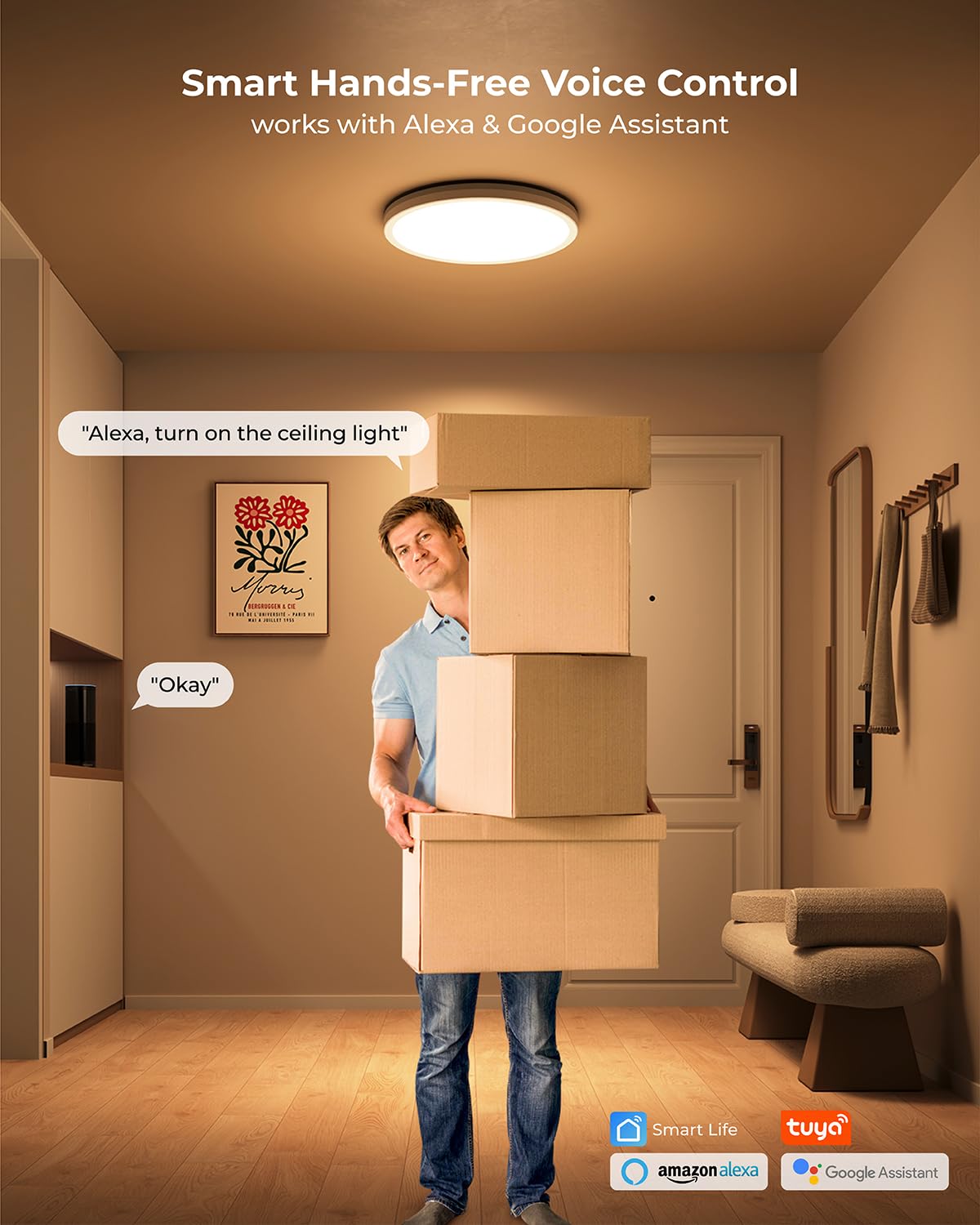 Matane Smart Led Ceiling Light Wifi, 12In Rgb Flush Mount, 16M Diy Colors, Alexa/Google Home Compatible, 3000K-6500K, Bedroom/Li