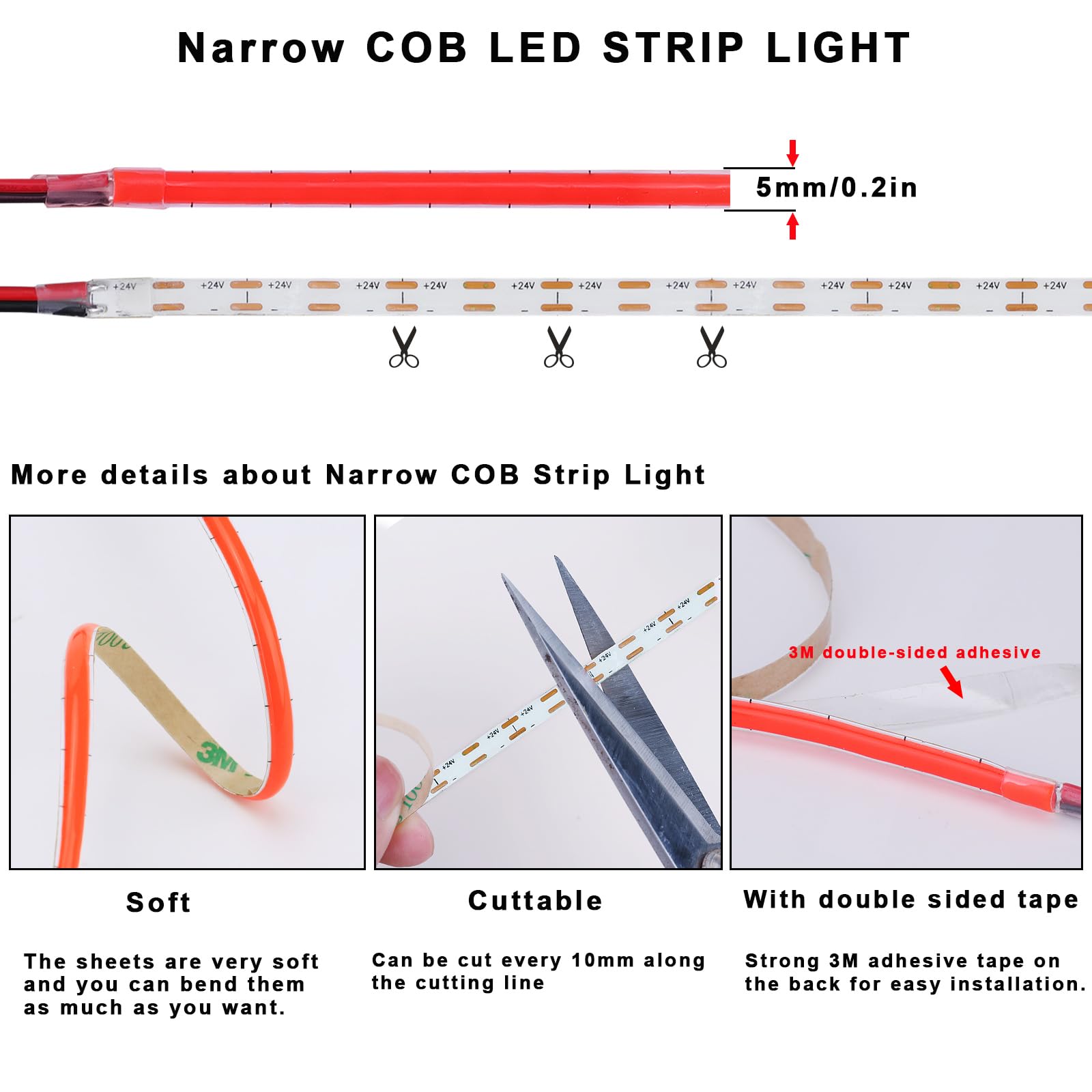 Topai 24V Thin 5Mm Red Cob Led Strip 16.4Ft Narrow Led Tape Light Dotless 400Leds/M High Density Cuttable Flexible For Cabinet Home Diy Lighting Projects