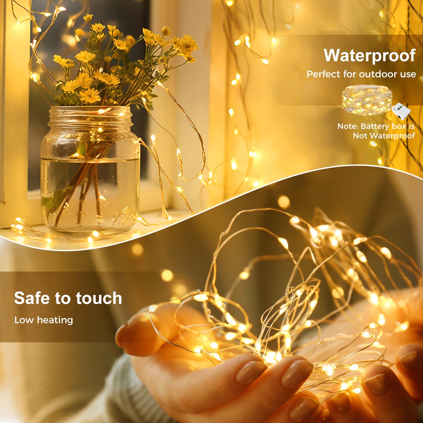 kolpop LED Fairy Lights, Battery Operated, Waterproof, Warm White, 100 Pack for Christmas, Mason Jars, Party