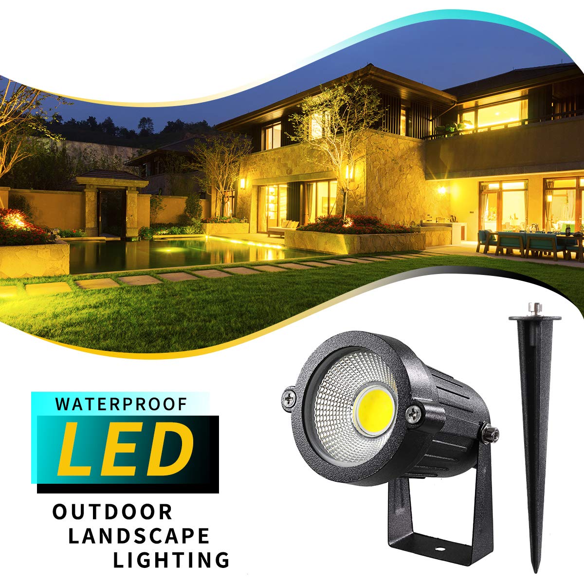 LEACOCO LED Landscape Lights - 5W Outdoor Spotlight, IP65 Waterproof, Pack of 4, Daylight White, Aluminum Material, UL Cord 5-ft with Plug