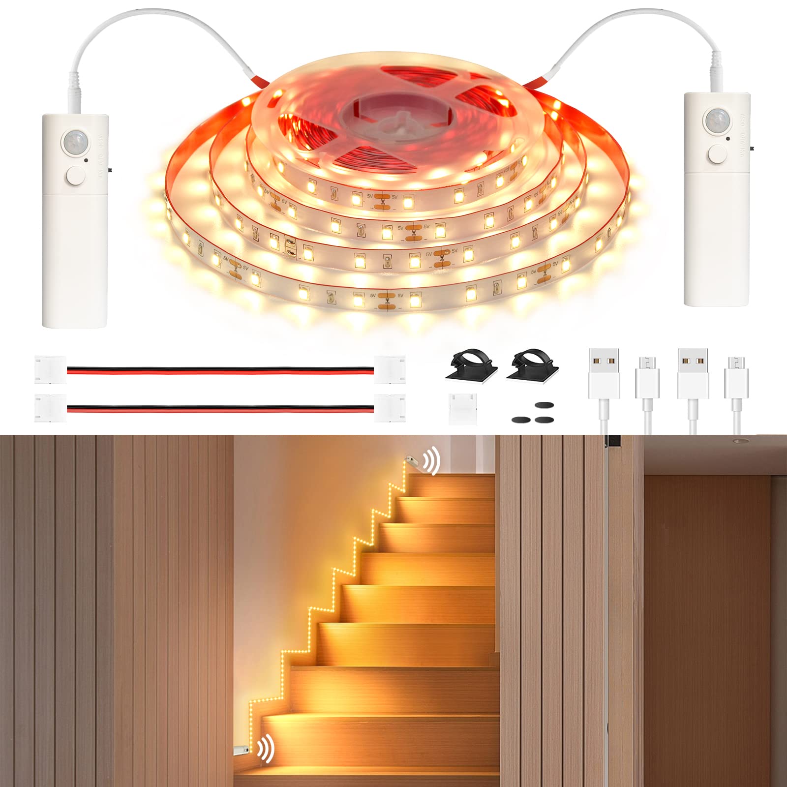 WOBANE Dual Motion Sensor Under Bed Lights, 16.4ft LED Tape Light, Flexible, Rechargeable, Warm White, Model CL13-2700, Battery Powered