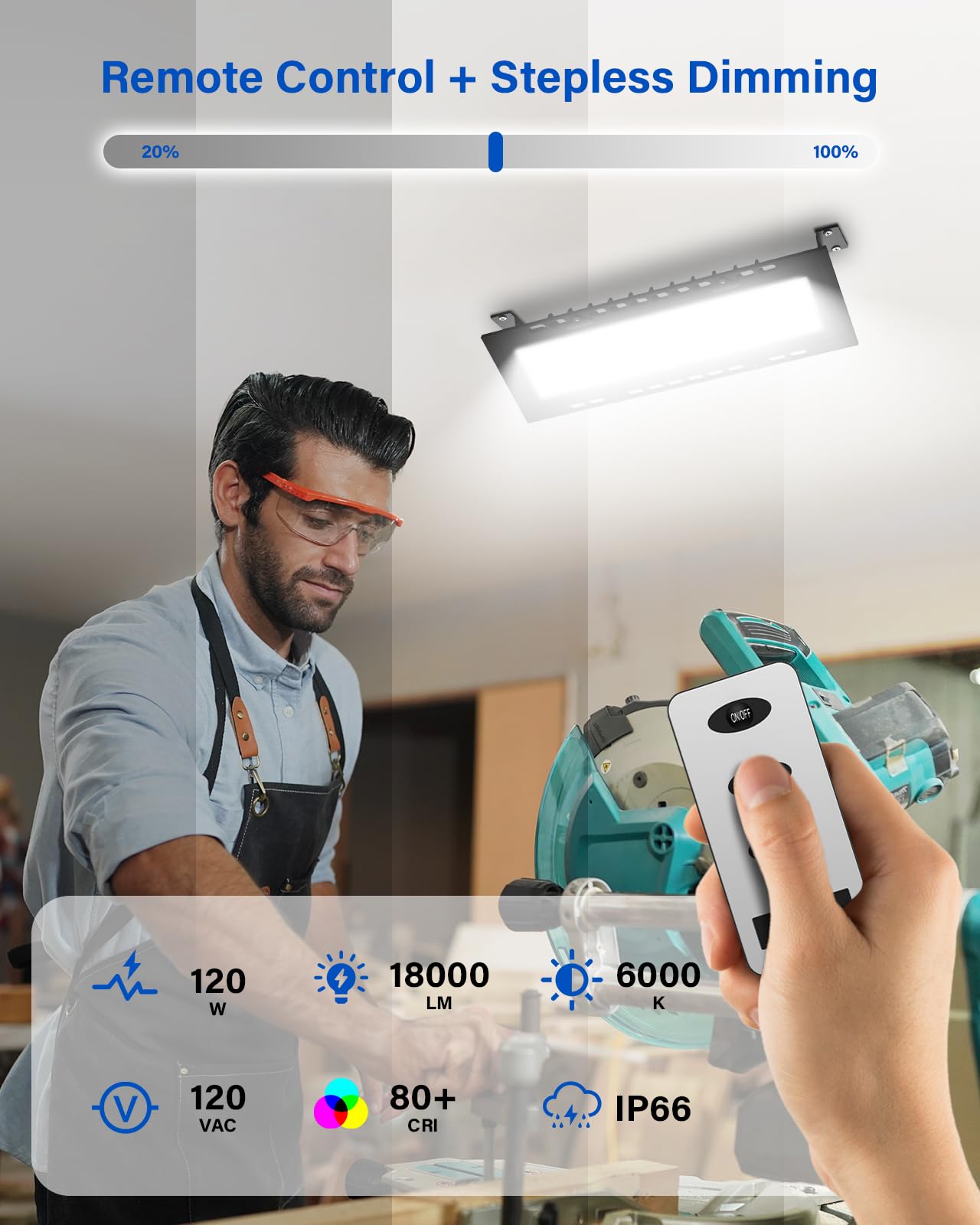 120W Led Shop Lights With Remote  5Ft Power Cord And Us Three-Prong Plug  18000Lm 6000K  Aluminum Garage Lighting  Ip65 Waterproof  Plug & Play For Warehouse  Workshop  Basement  2Pcs