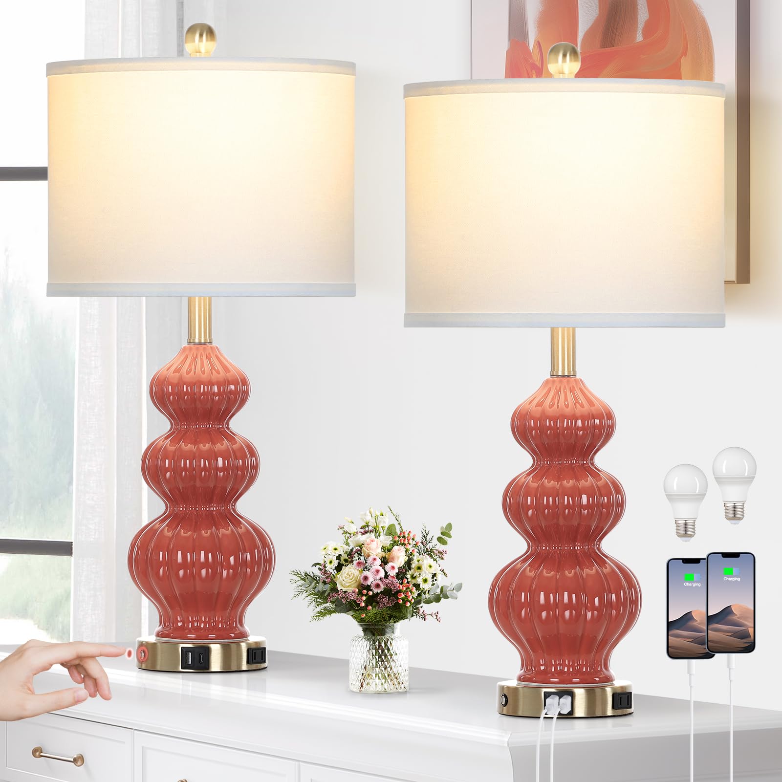 Rinweey Triple Gourd Ceramic Table Lamps Set of 2, Modern Orange Bedside Lamps with USB A+C Ports & AC Outlet, 3 Way Touch Control Contemporary Nightstand Lamps for Bedroom Living Room