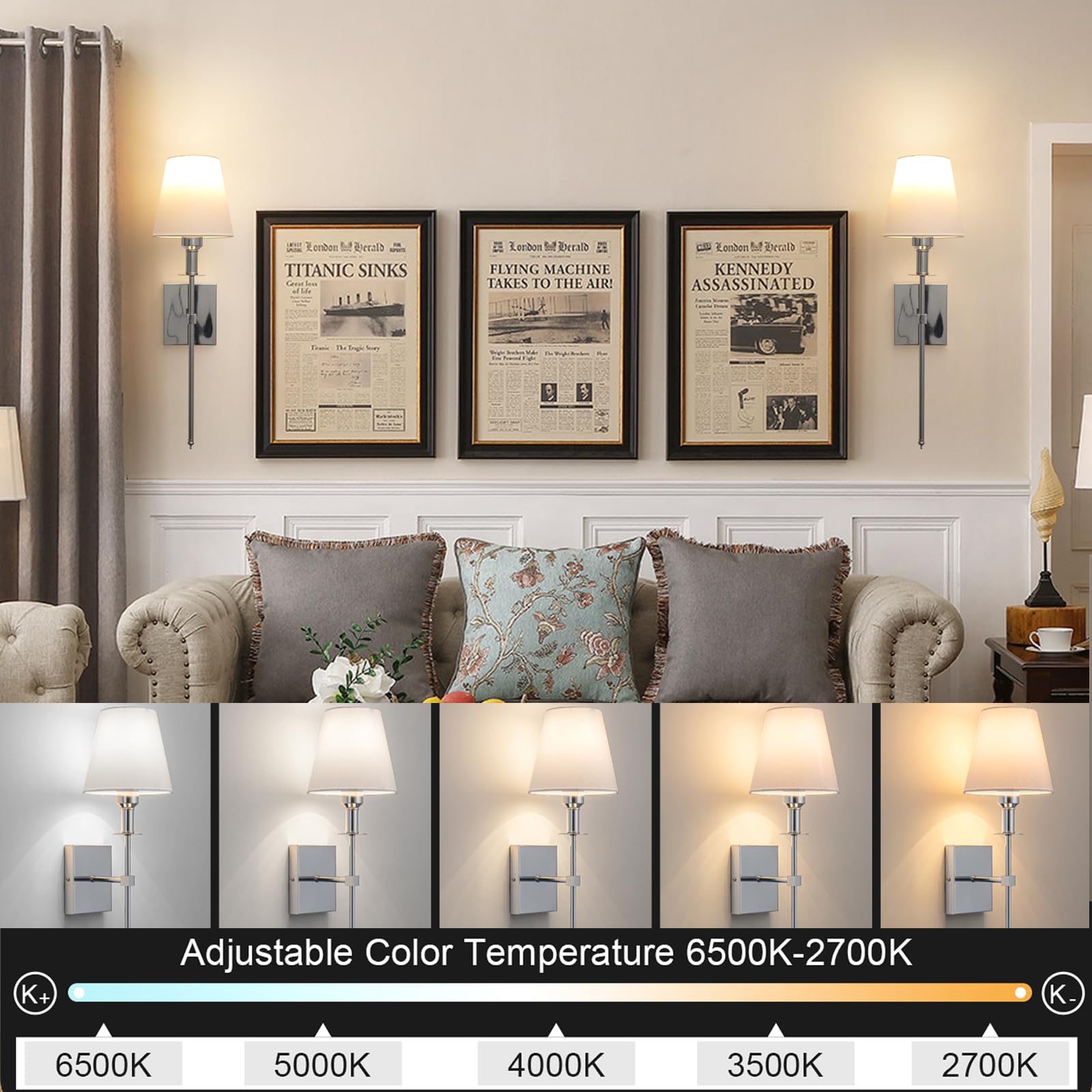 jengush Wall Lights Set of 2, Battery Operated, Dimmable Remote Control, 21 inch, Silver