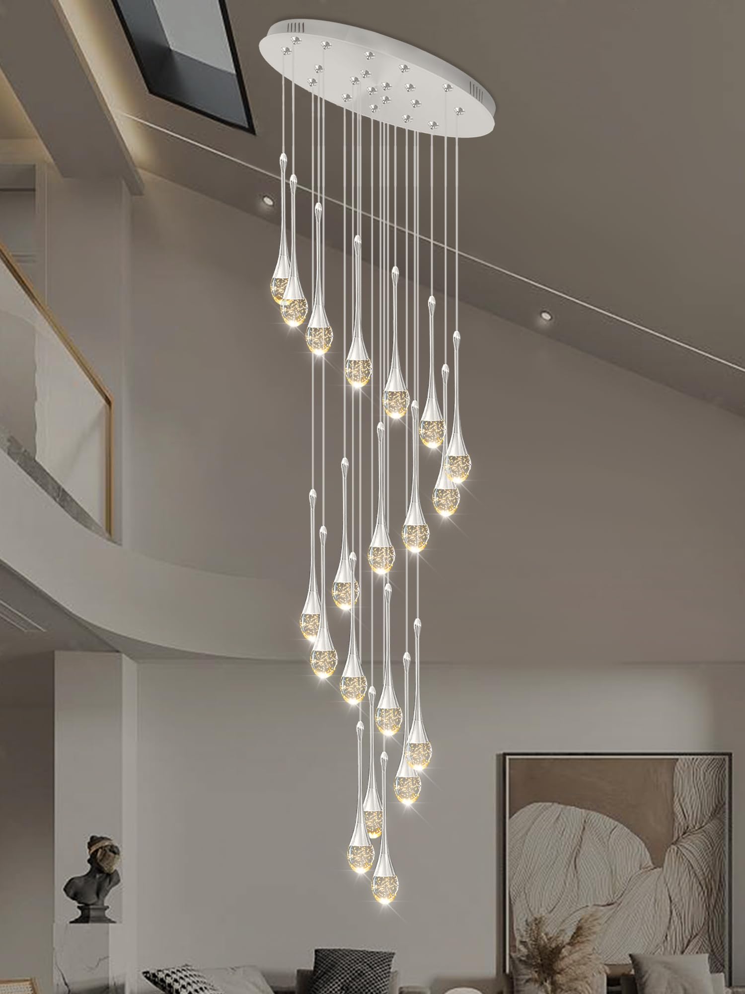 ykolupty Raindrop Crystal Chandelier, 138'' High Ceiling Pendant Light, 20-Lights, LED 2700-6000K, Silver Finish