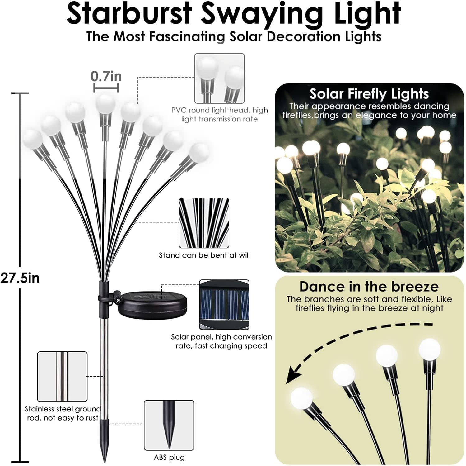 OZS Solar Garden Lights 6 Pack - 48 LED Fairy Lights, Waterproof, Cool White