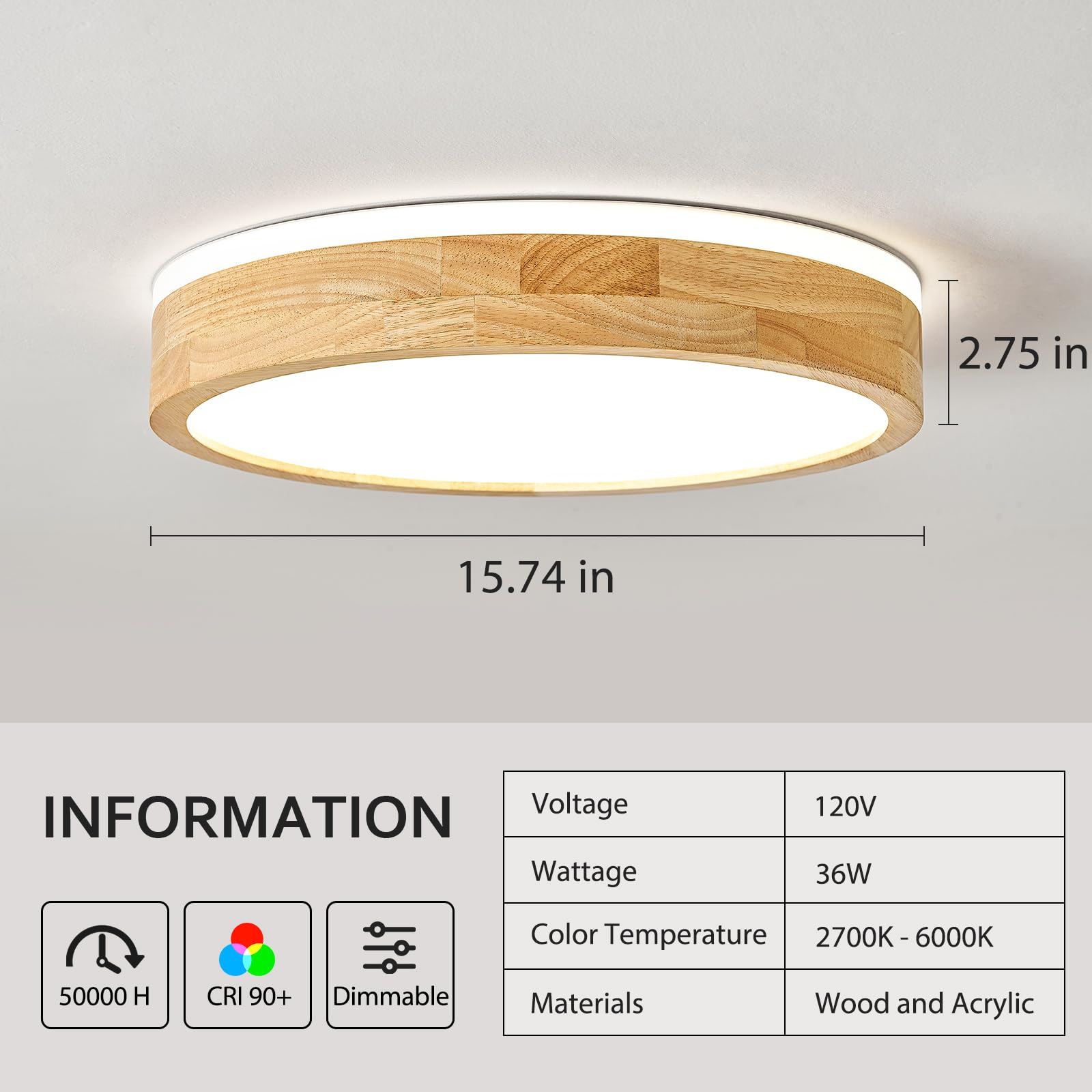 Pevfah Modern Dimmable Wood Flush Mount Ceiling Light  2700K-6000K 5Cct Round Close To Ceiling Lighting Fixtures  Minimalist Led Ceiling Lamp For Bedroom  Kitchen  Hallway  Living Room-15.74In
