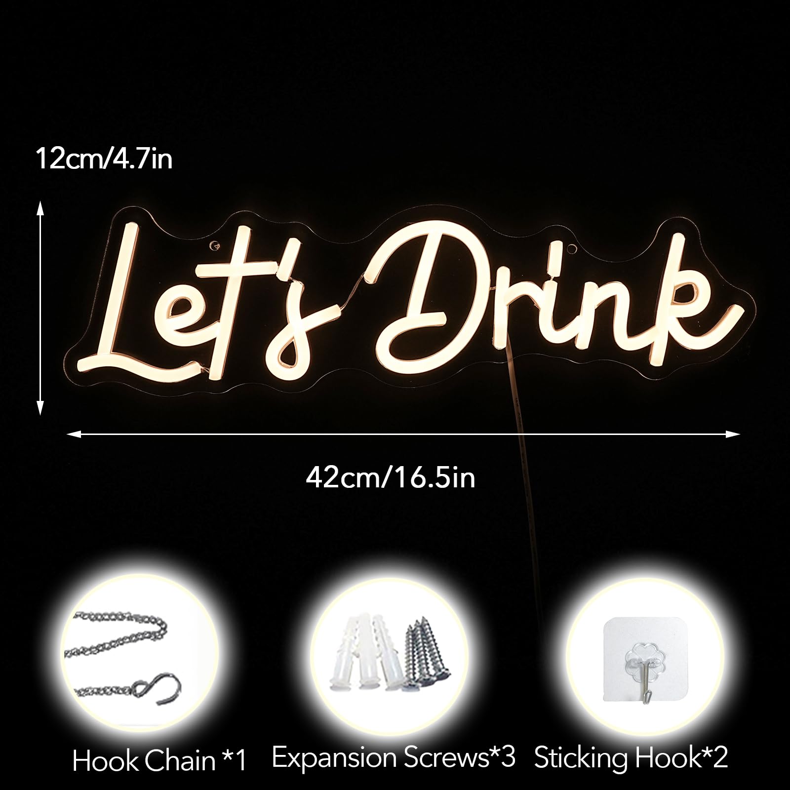 Noasktt Neon Sign - Lets Drink Wall Decor, Warm White LED, USB Powered, 16.5x4.7in, Acrylic
