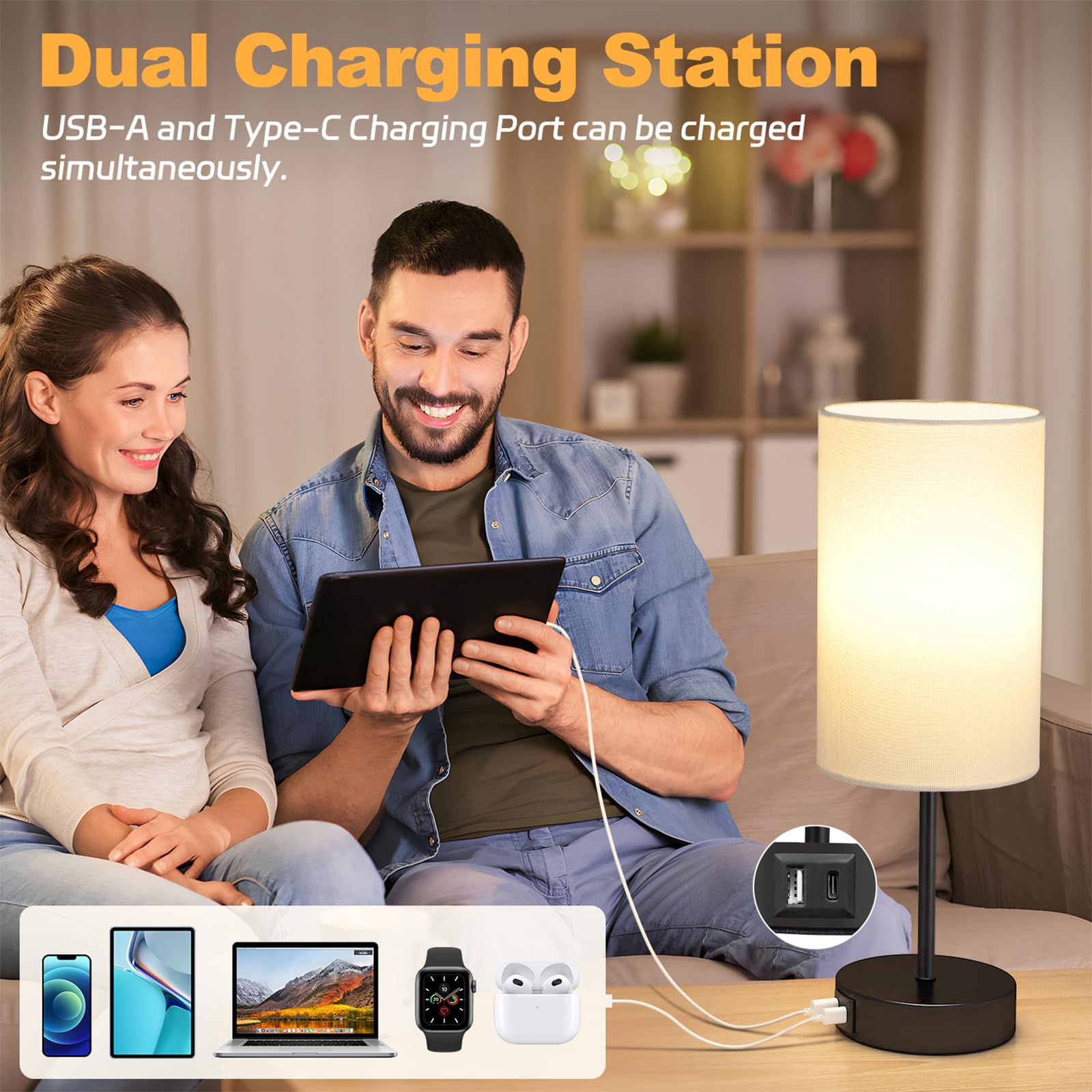 AKASUKI Table Lamp, 3 Way Dimmable Touch, 14.25 in, Metal, White Shade-Black Base, Model XTD-Y, LED Bulb Included