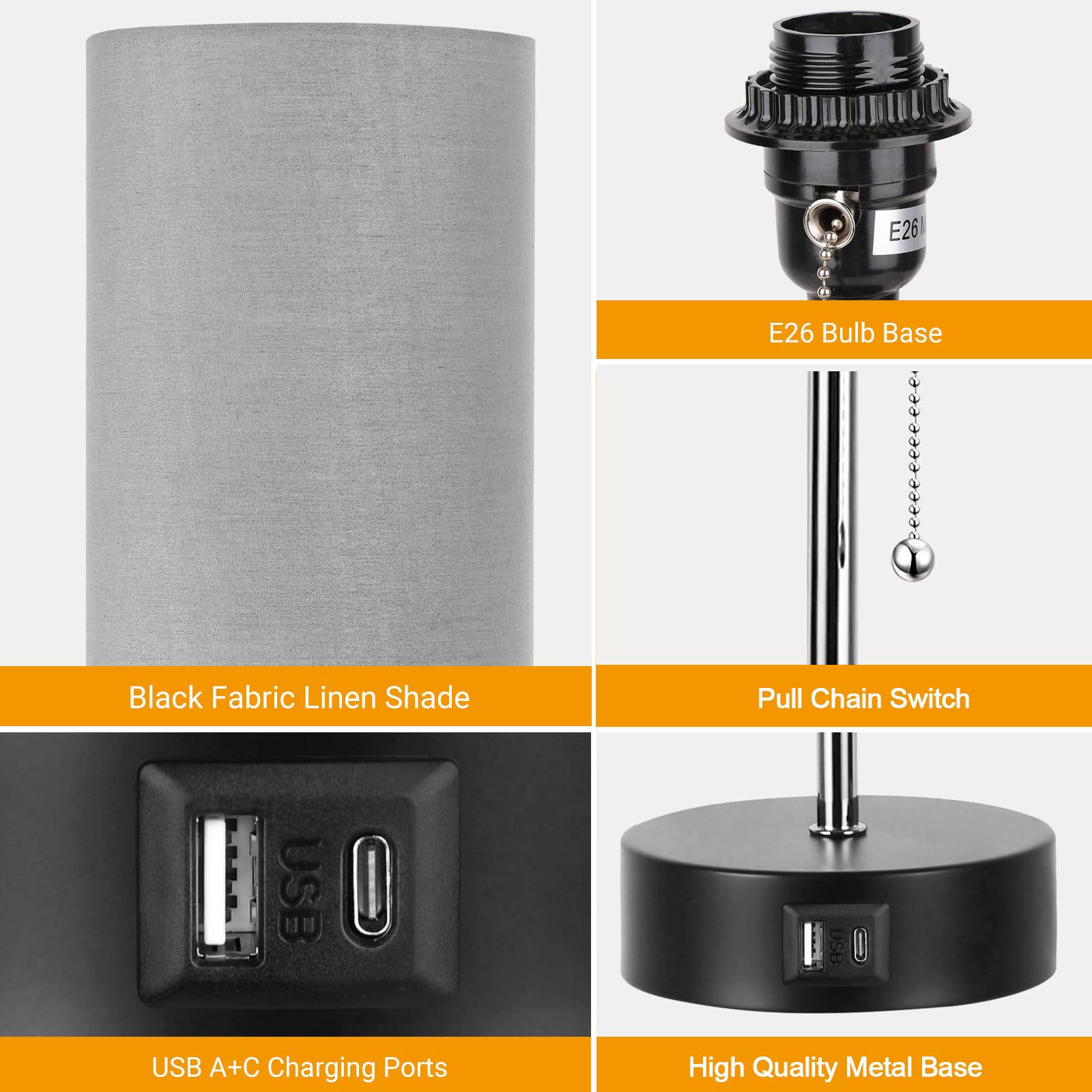 Rottogoon Bedside Lamp With Usb Ports, 3-Color Temperature, Metal, Smoke Gray, Led Bulb