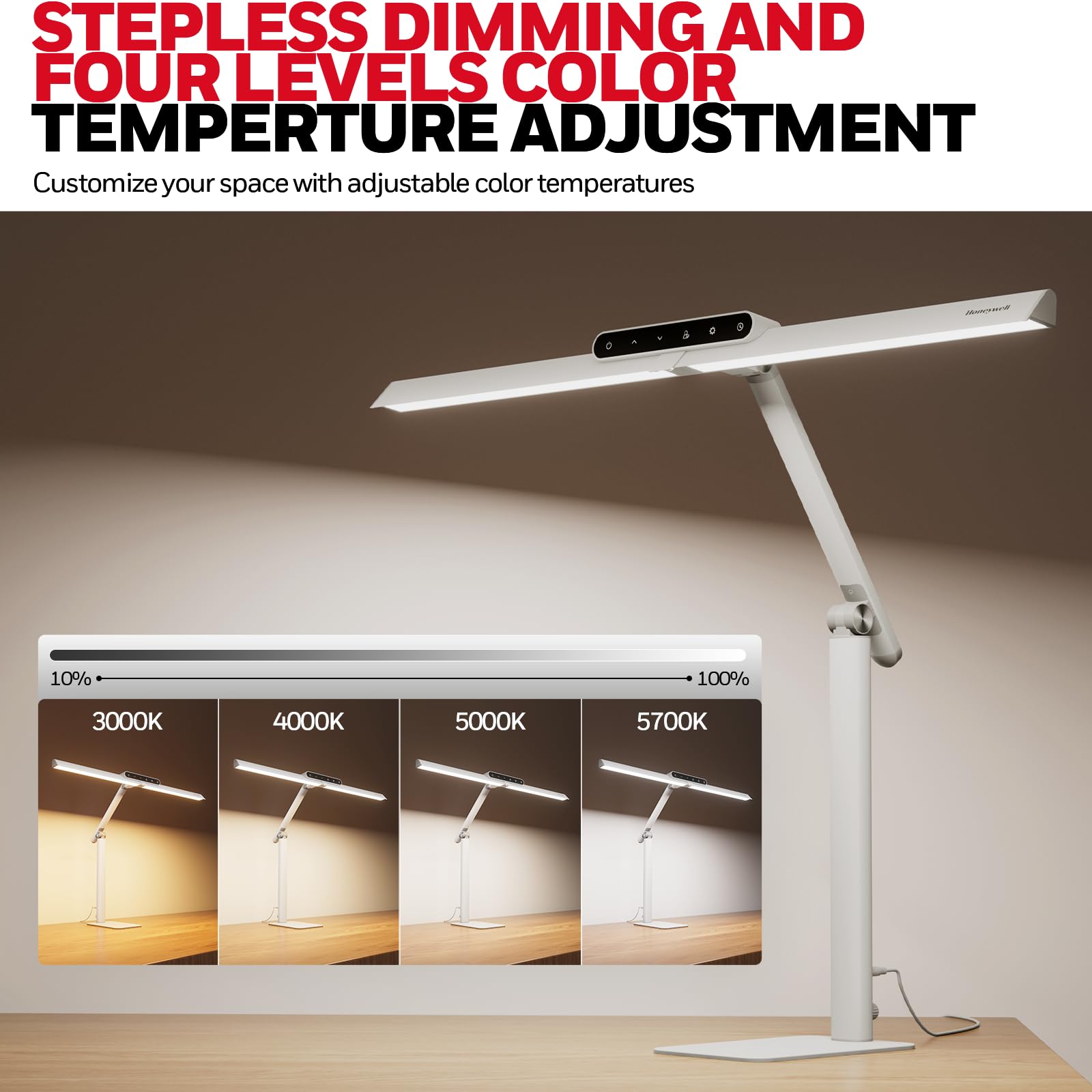 Honeywell LED Desk Lamp with Base - HJ1WT Sunturalux Eye-Caring Architect Desk Lamp for Home Office, 1200LM Computer Desk Light