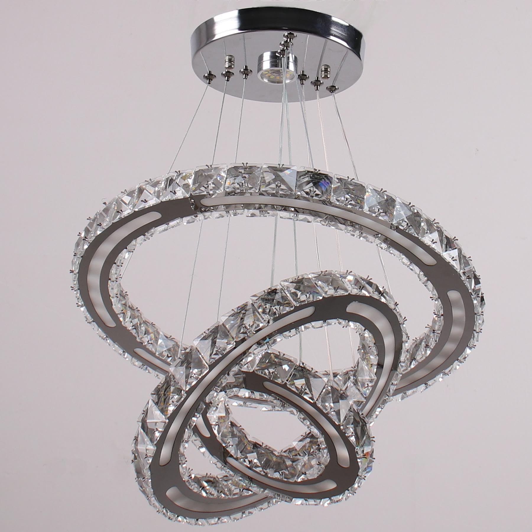 CXGLEAMING Modern LED Chandelier 3 Rings Adjustable Crystal Pendant Light 180mm Base White Light 153 Crystals