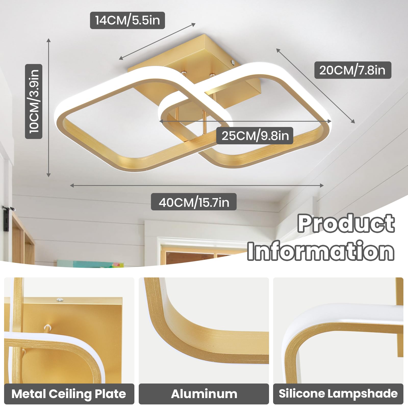 Caneoe 2 Packs Led Ceiling Light Fixture Modern Hallway Light Fixtures Ceiling Lighting Square Close To Ceiling Lights For Bathroom Bedroom Kitchen Balcony Stair Small Hallway Lamp (Gold)