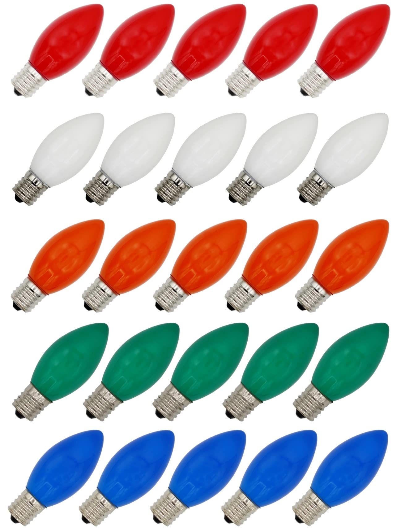 Creative Hobbies 25 Pack C9 Multicolor Christmas Light Bulbs - 7W Steady Burning Incandescent  Ceramic Multicolor  Nickel Plated E17 Base  Extended Life