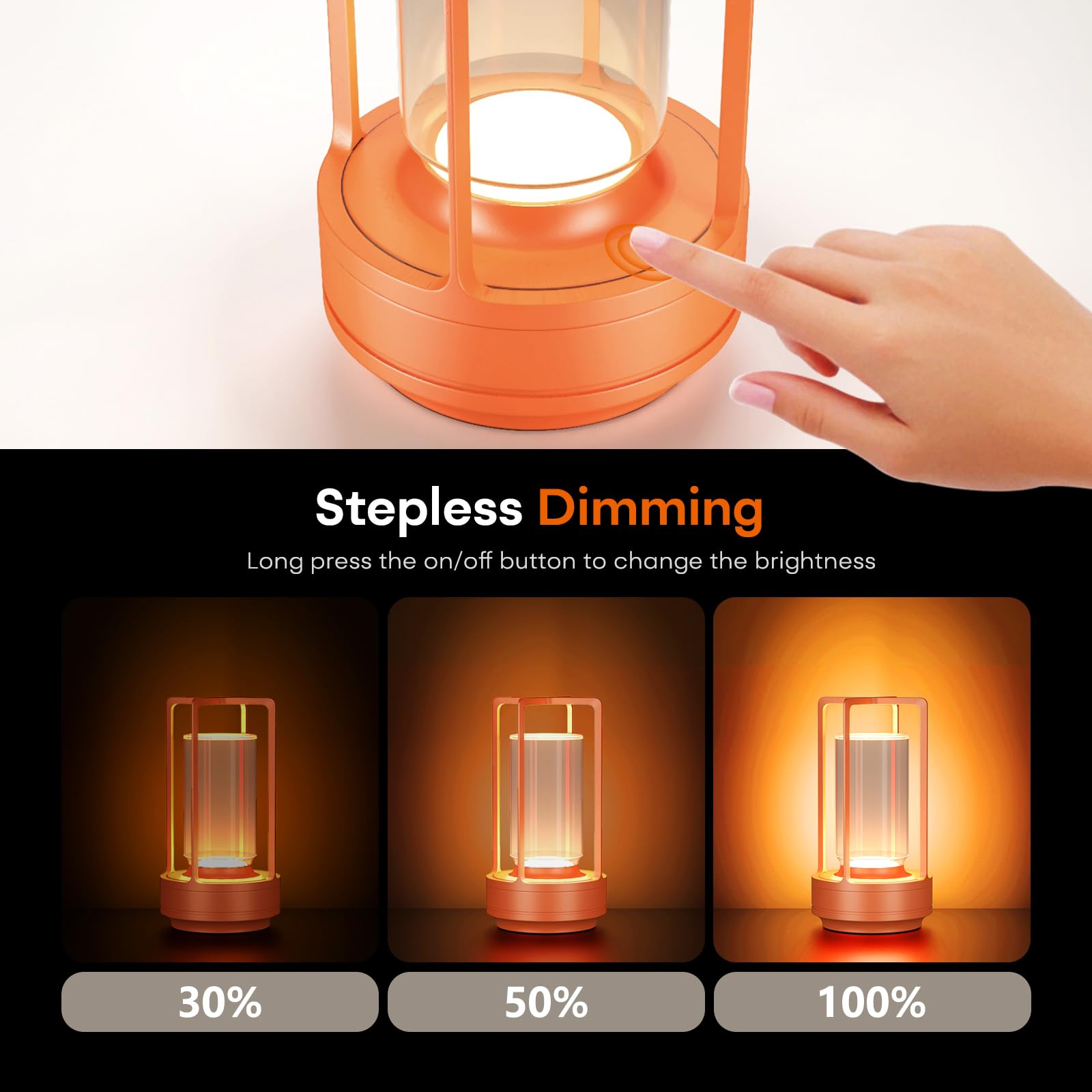 HAPYGI Portable Metal Table Lamp, Rechargeable LED, 3-Colour Dimming, 3.54 x 3.54 x 7.08 inches, Orange, Model A-L