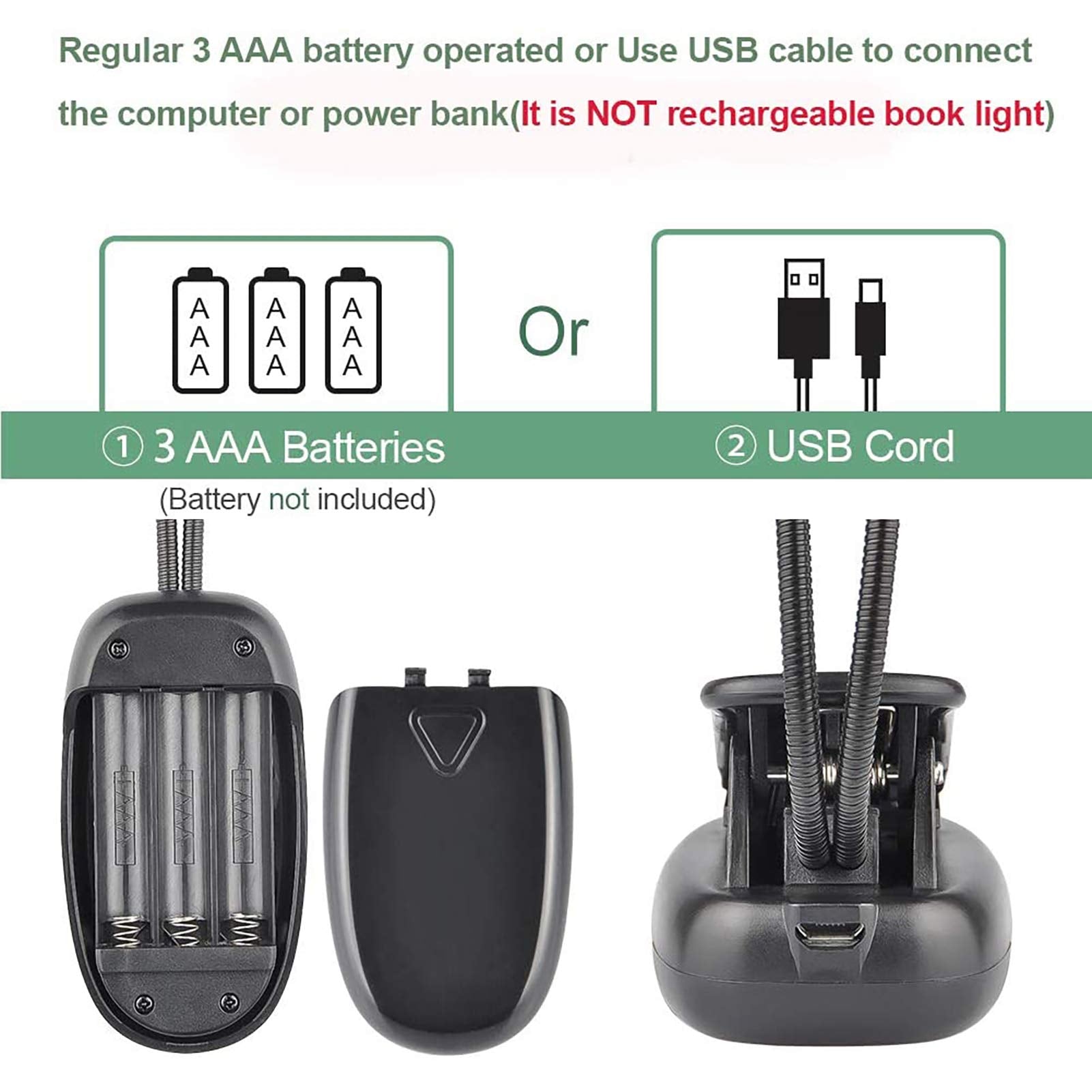 GLORIOUS-LITE Clip On Book Light, 10 LED, 3 Color Modes, Battery & USB Operated, Black, Double Head, Model AAA-BLBL-03-BK