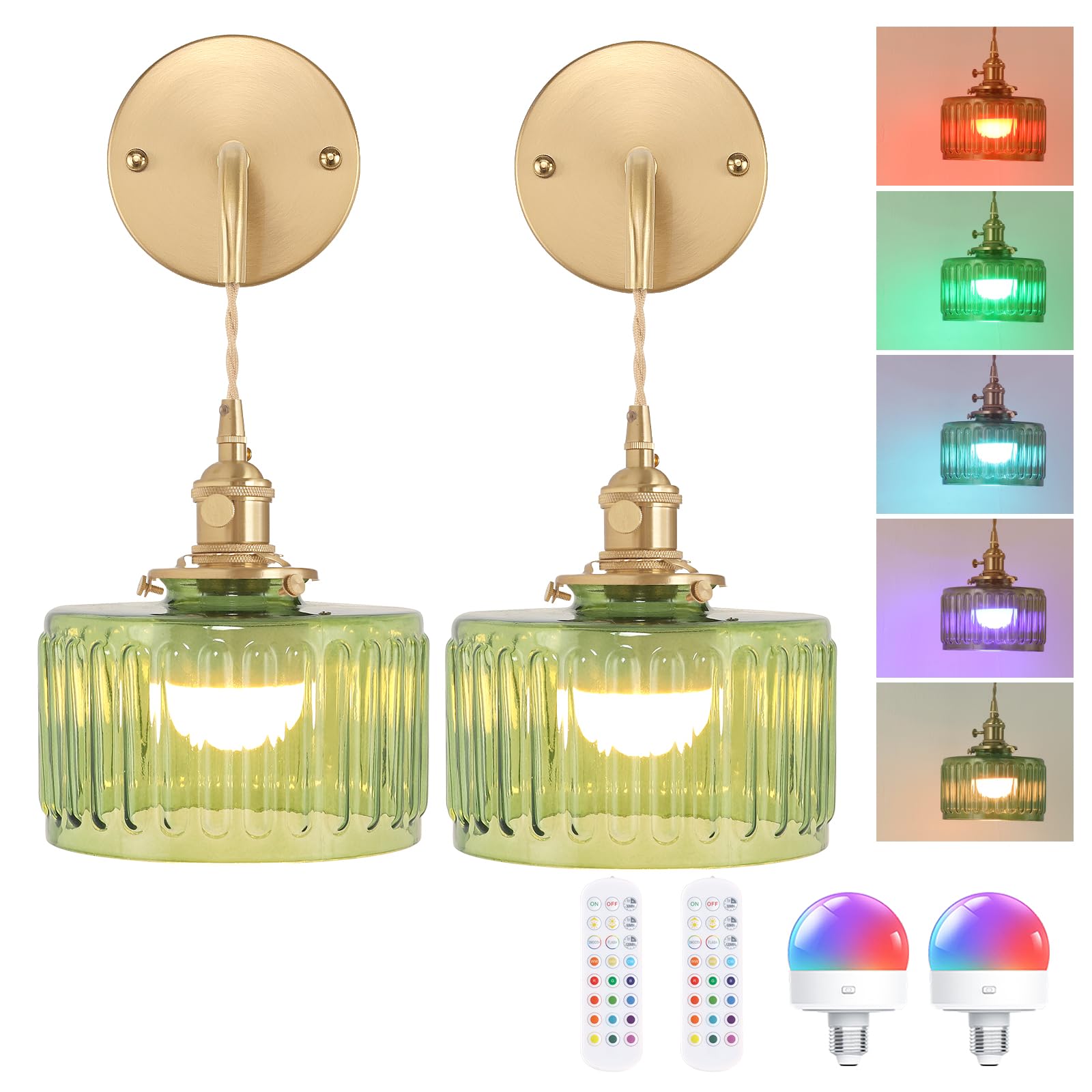 Shenmoyl Battery Operated Wall Sconce, Green Striped Pattern Glass, Adjustable Chain, Set of 2, Model 1-9381