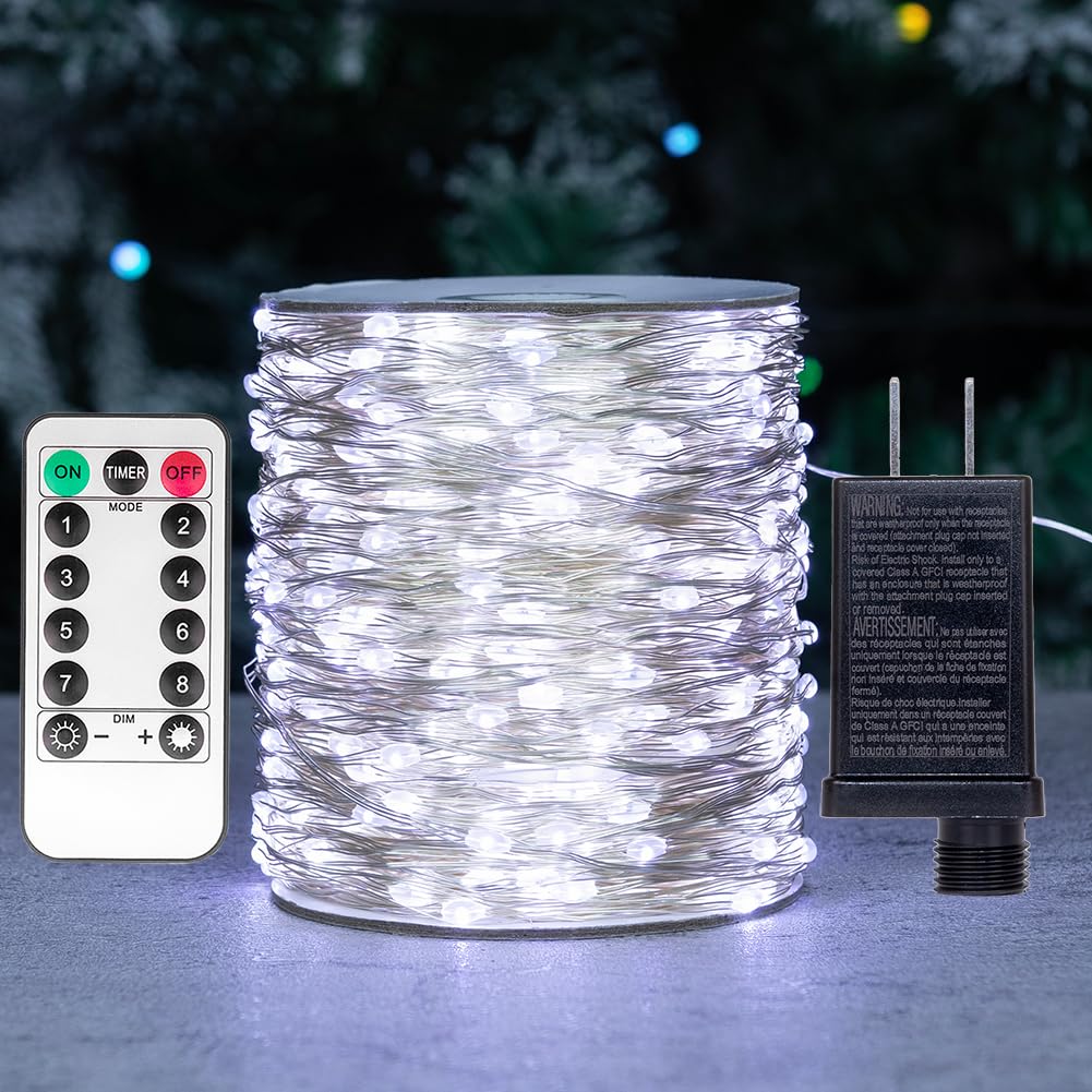 Zeluxdot 400Ft Fairy Lights, 1200 Leds, Waterproof Silver Wire, Cool White, 8 Modes Remote For Indoor/Outdoor Decor