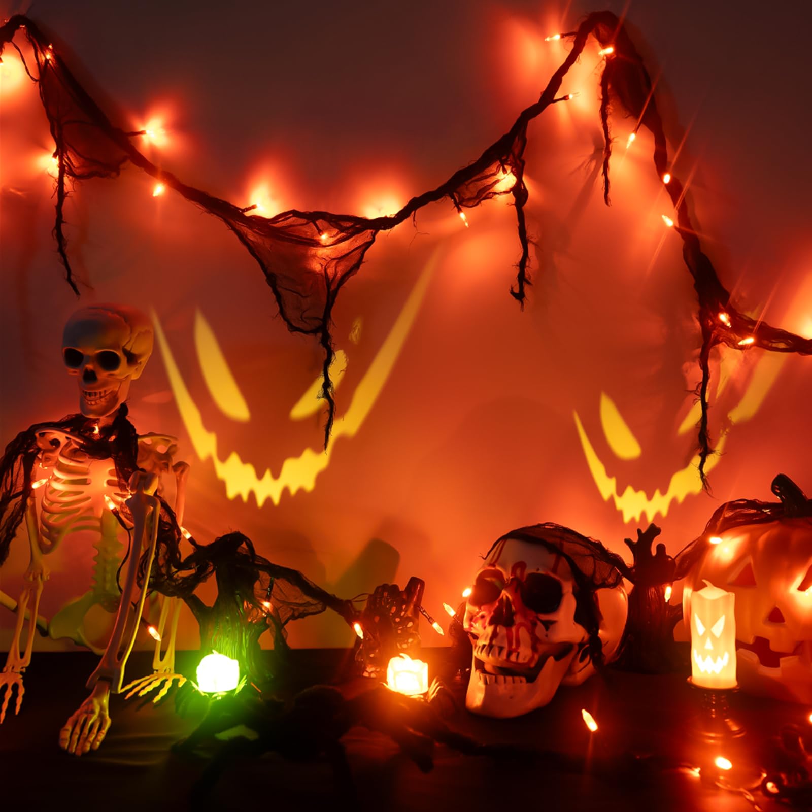 Halloween Horror Atmosphere Lights  Orange&Purple Led String Lights With 9.9Ft Creepy Black Gauze  Battery Powered With Timer & 8 Flashing Modes (Orange & Purple)