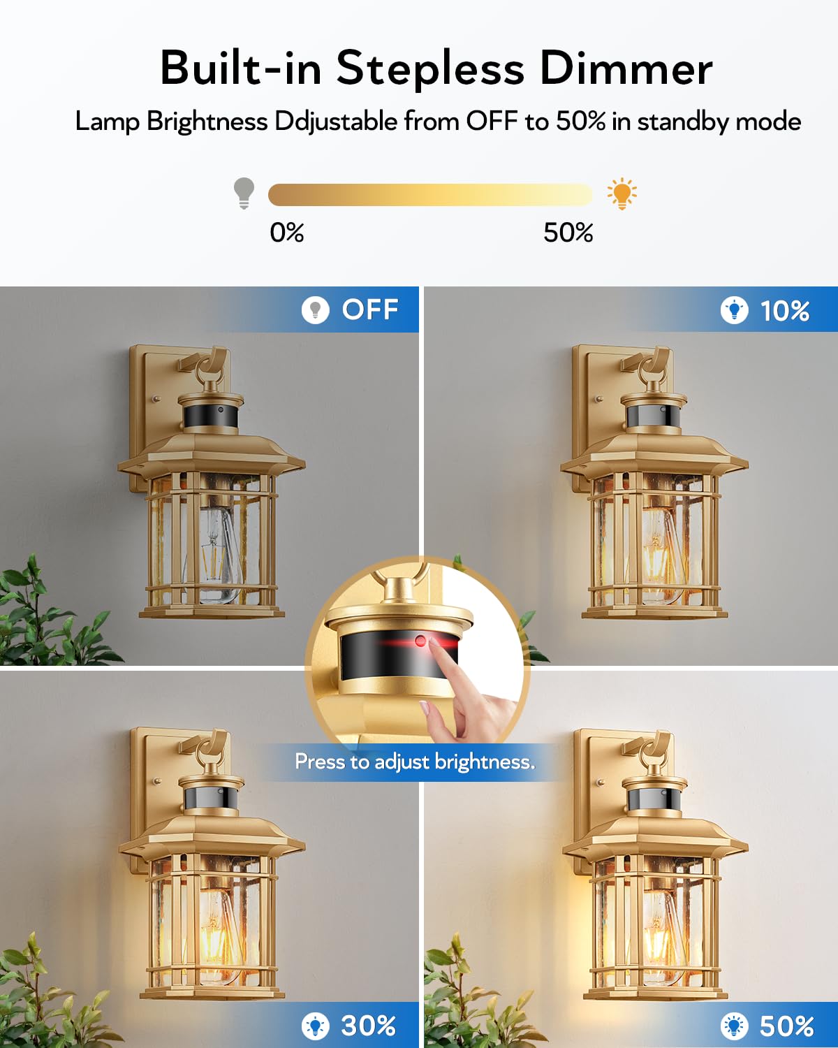 Vianis Gold Motion Sensor Porch Light - Dusk To Dawn Waterproof Carriage Lantern For Outdoor Use