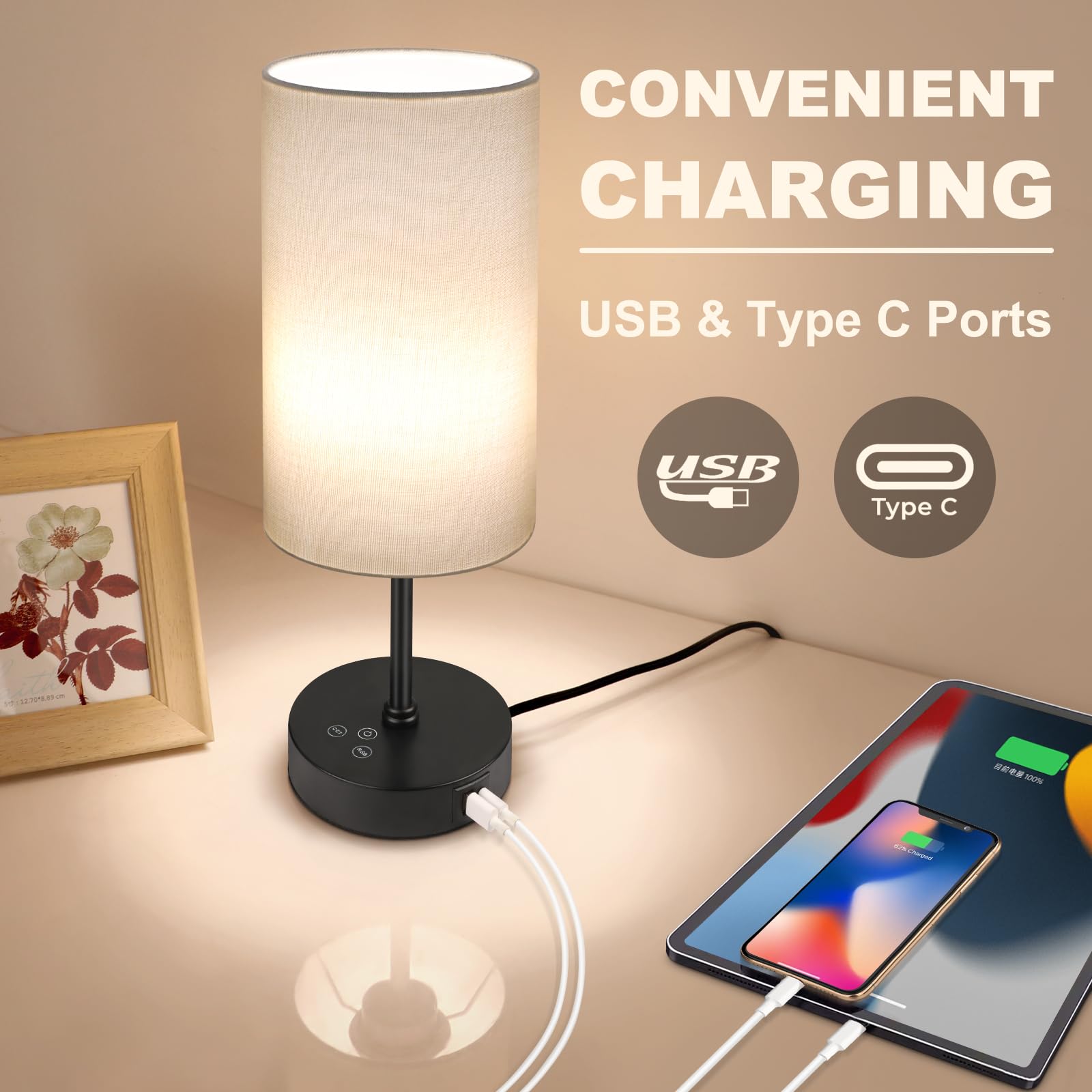 Unicozin Small Table Lamp - 3 CCT Color Changing, Stepless Dimmable, Touch Control, Cream Shade, Nightstand Light for Home Decor