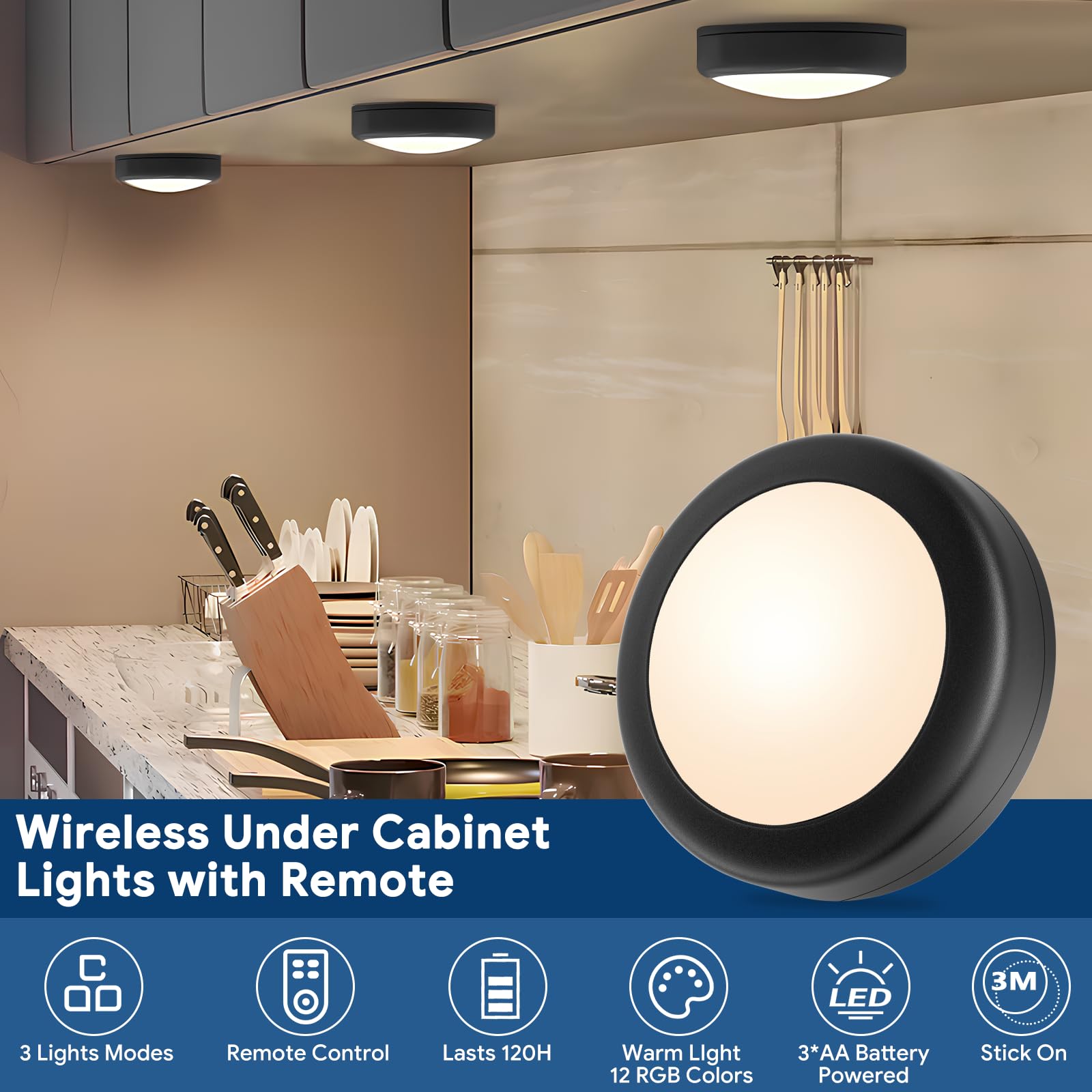 Yiliaw Led Puck Lights With Remote Control, Aa Battery Operated, 12 Color Closet Lights For Under Cabinet & Counter, Push & Tap