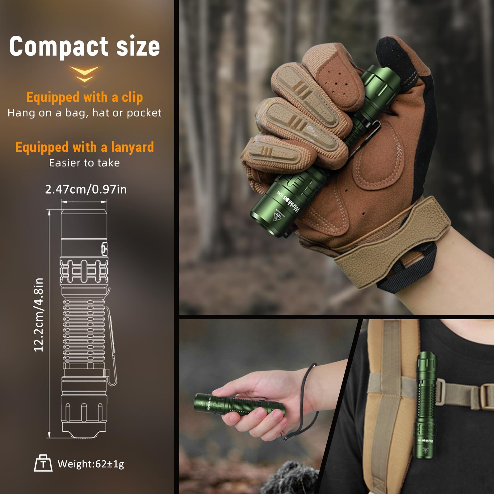 Wurkkos TD02 LED Flashlight, 2000 Lumens, Rechargeable, IP68 Waterproof, Aluminum, Green