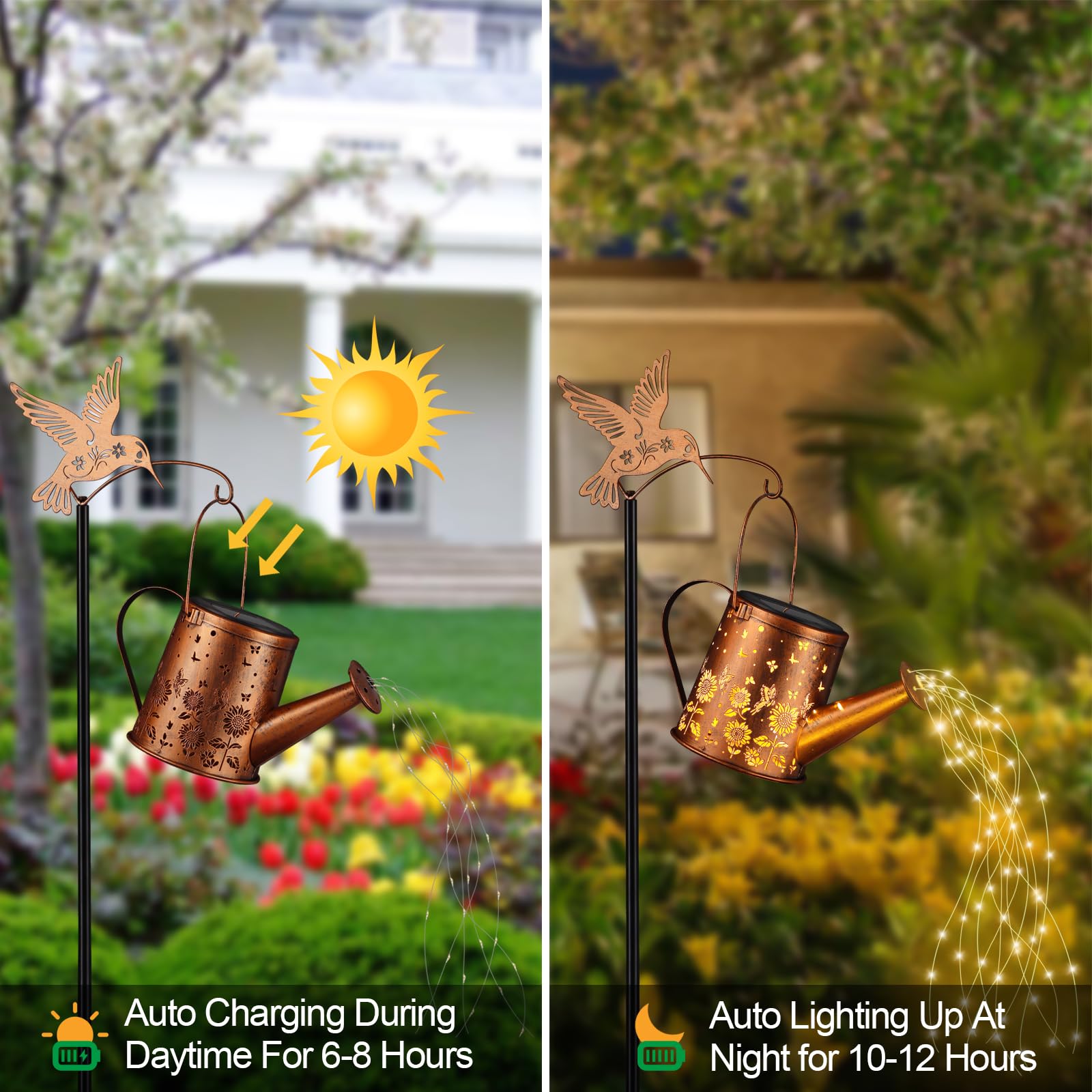 Outdoor Hanging Solar Lantern Waterproof Set Outside Metal Sunflower & Butterfly Watering Can Landscape Lights For Garden Yard Patio Pathway Decor Birthday Gifts For Women Mom Grandma -With Floor Pole