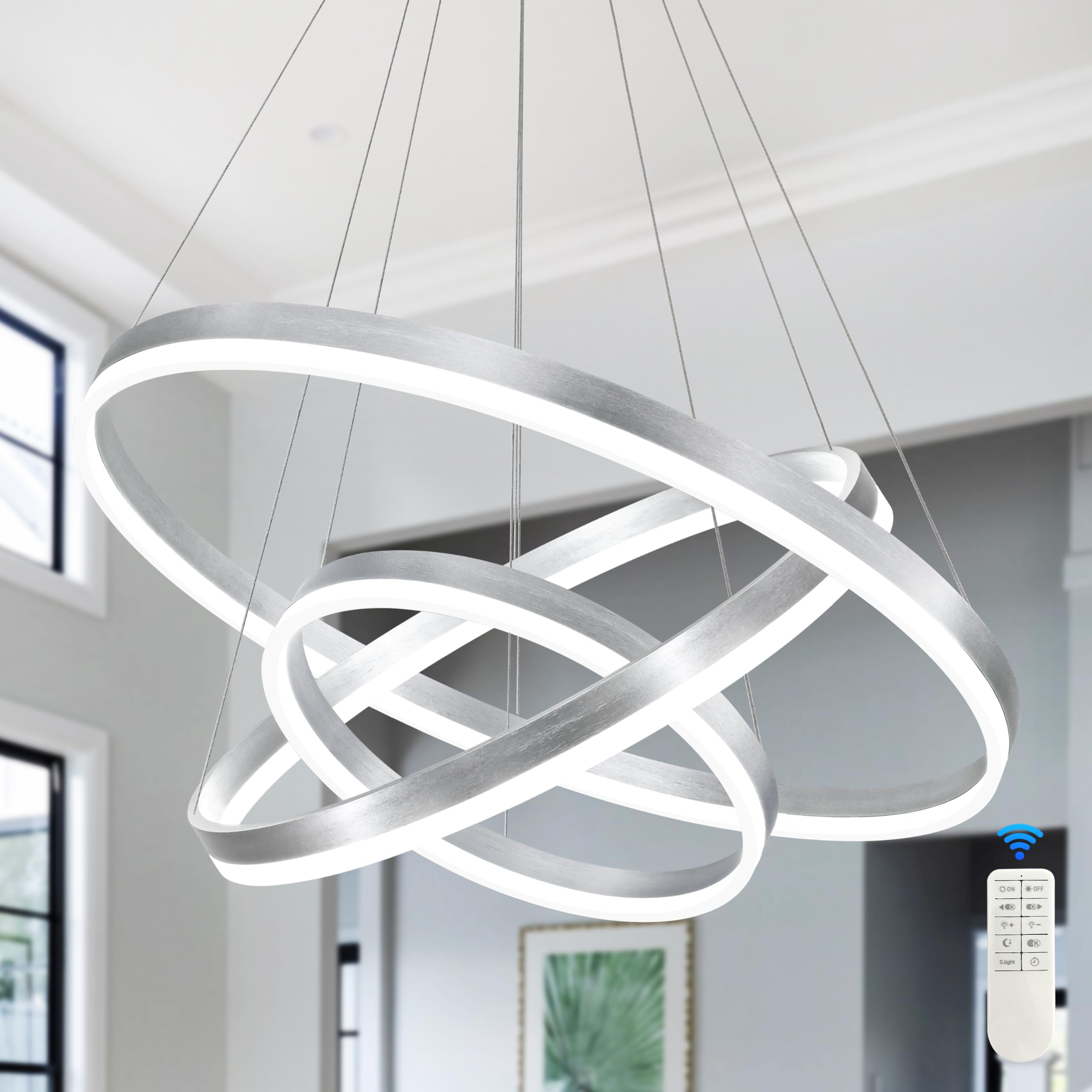 Mccokaige 31.5'' Nickel Modern Led Chandelier 3 Ring Modern Led Pendant Light Contemporary Ring Chandeliers Dimmable Chandeliers