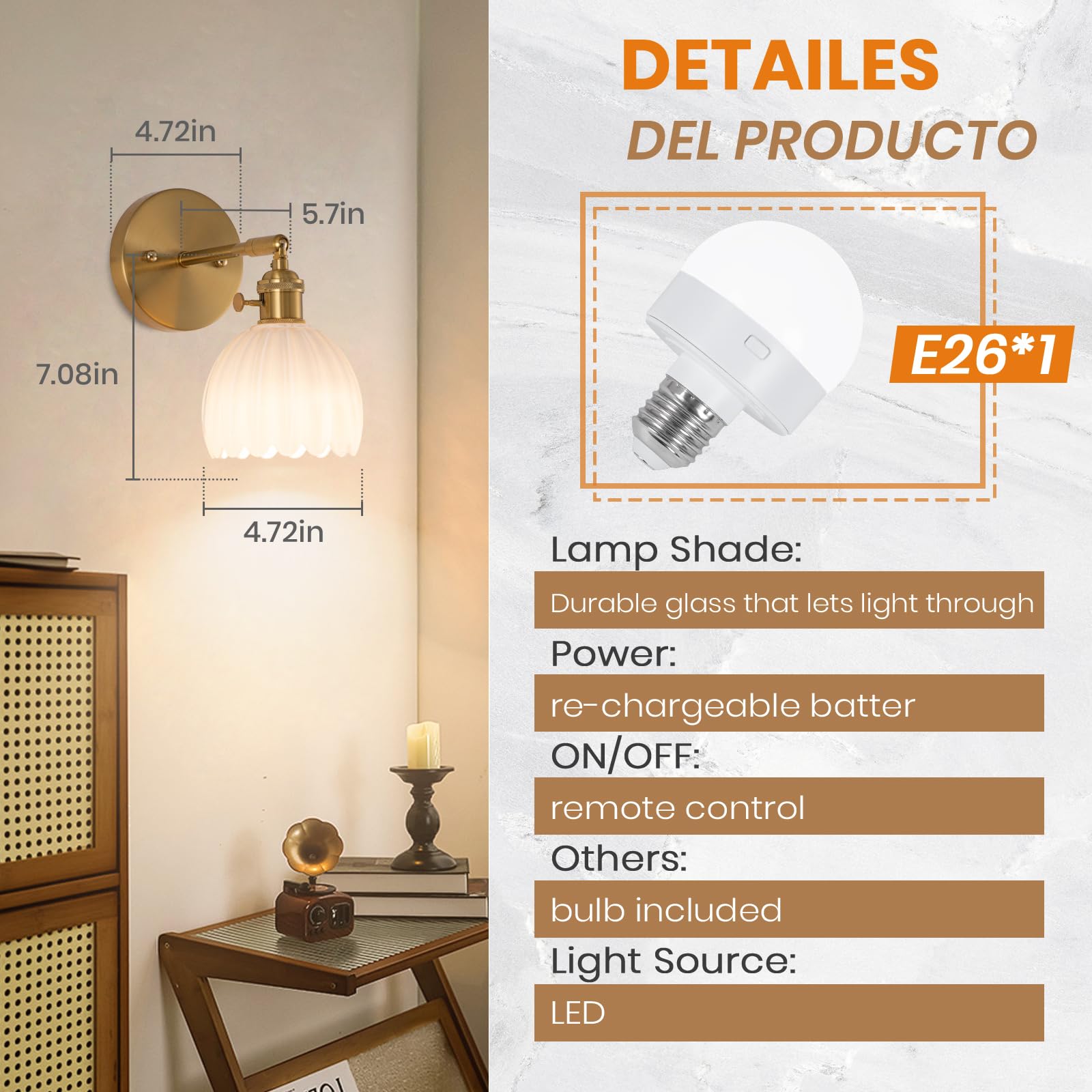 EIDEARAY Battery Operated Wall Sconce - Vintage Milky White Glass with Remote Control, Model YLC-BRO3TB for Bedroom and Living Room